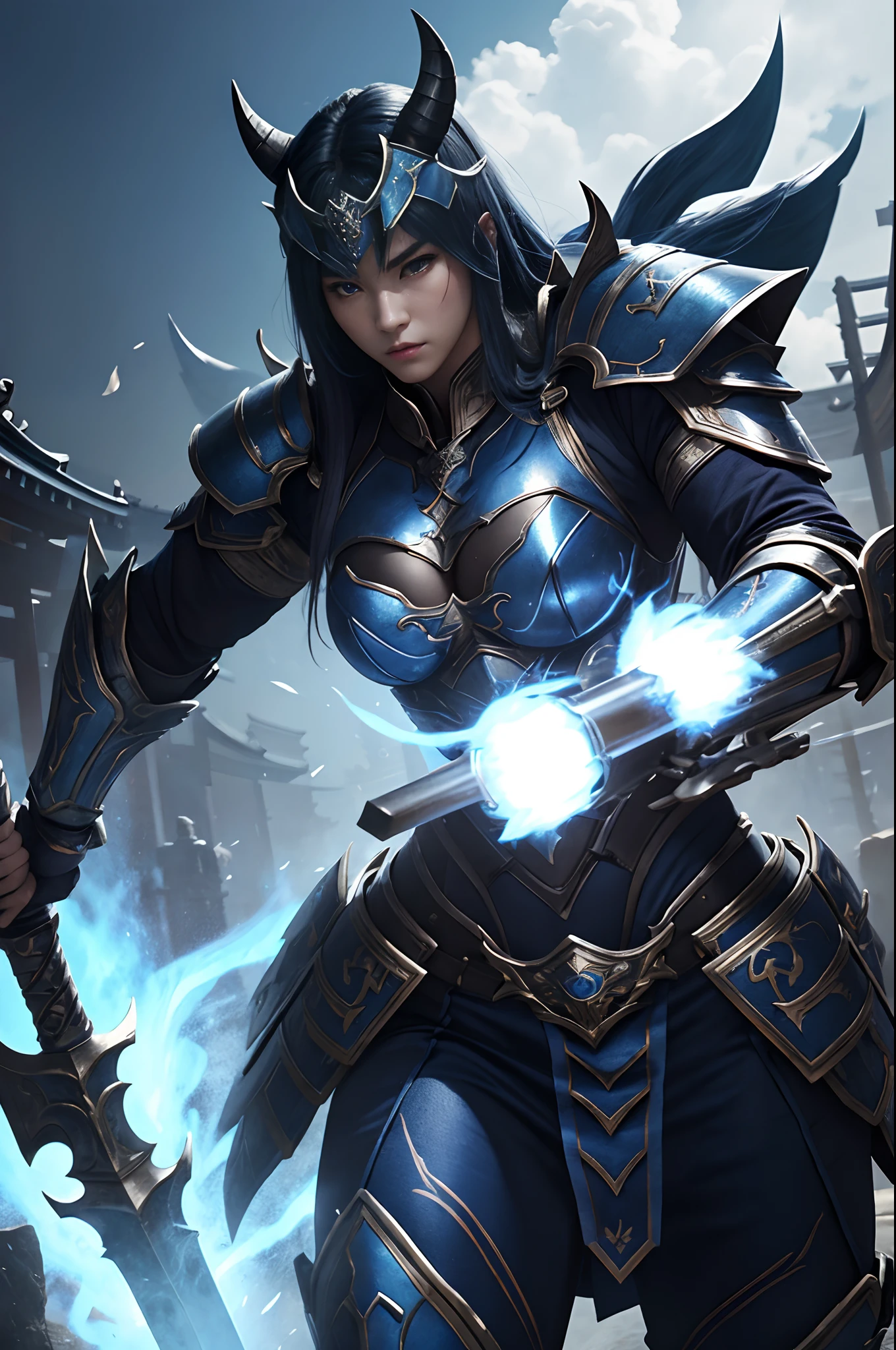 (Female Ghost Tender)、Demon Mask、Super Beauty、Blue Armor Solo Adult Devil Woman、Like the whole body、Big chest muscles and macho figure,Split abs,(Armed with a long and large spear)、Super sexy mature big female ogre。Sturdy jaw(realisitic)、Standing glossily facing the front、Blue Demon Armor、magnificent artwork、((Kyoto panel painting style))、Wind-effect:1.9、Cloud Effects:1.2、Full Rendering、Encaustic Painting、unrealengine、Fine armor patterns and decorations,A hyper-realistic,Armor details,超A high resolution,enticing,Entice your audience,Pose Seductive,