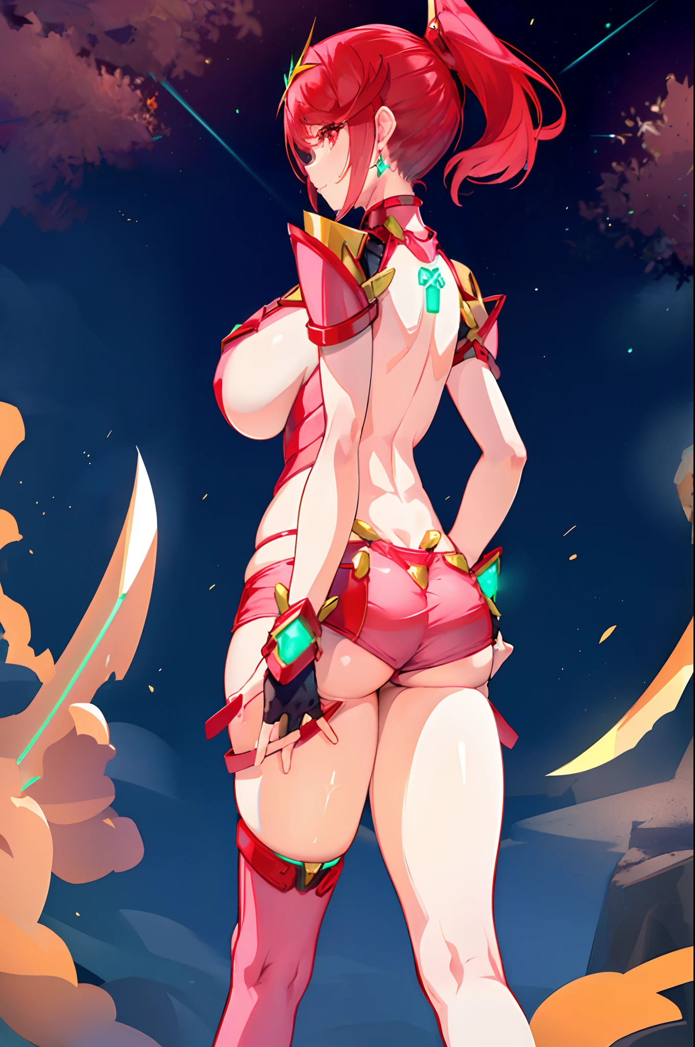 pyra \(xenoblade\), _1girl, lolibangs, black gloves, breasts, red eyes, shout, earrings, eyelashes, fingerless gloves, floating hair, , gem, gloves, hair ornament, headpiece, jewelry, gigantic_breasts, leaning back, swimsuit, neon trim, official art, pose, red hair, saitou masatsugu, short hair, sidelocks, skin tight, solo, swept bangs, thighhighs, tiara, fantasy_town_background, underbust, xenoblade chronicles \(series\), (xenoblade chronicles 2), (spread_legs:1.1), fire_effect,dynamic_pose,fighting,light_smile, (plump:1.1), big_ass,huge_sword, hold_large_sword_hilt, covered_nipples, covered_pussy, fists,ponytail,beautiful_fingers,(solo:1.1), bare_shoulder,(shoulder_naked:1.2), nipple_jewel,back, back_view, focus_ass,ass, (very_short＿shorts:1.3),(lise_leg:1.4)