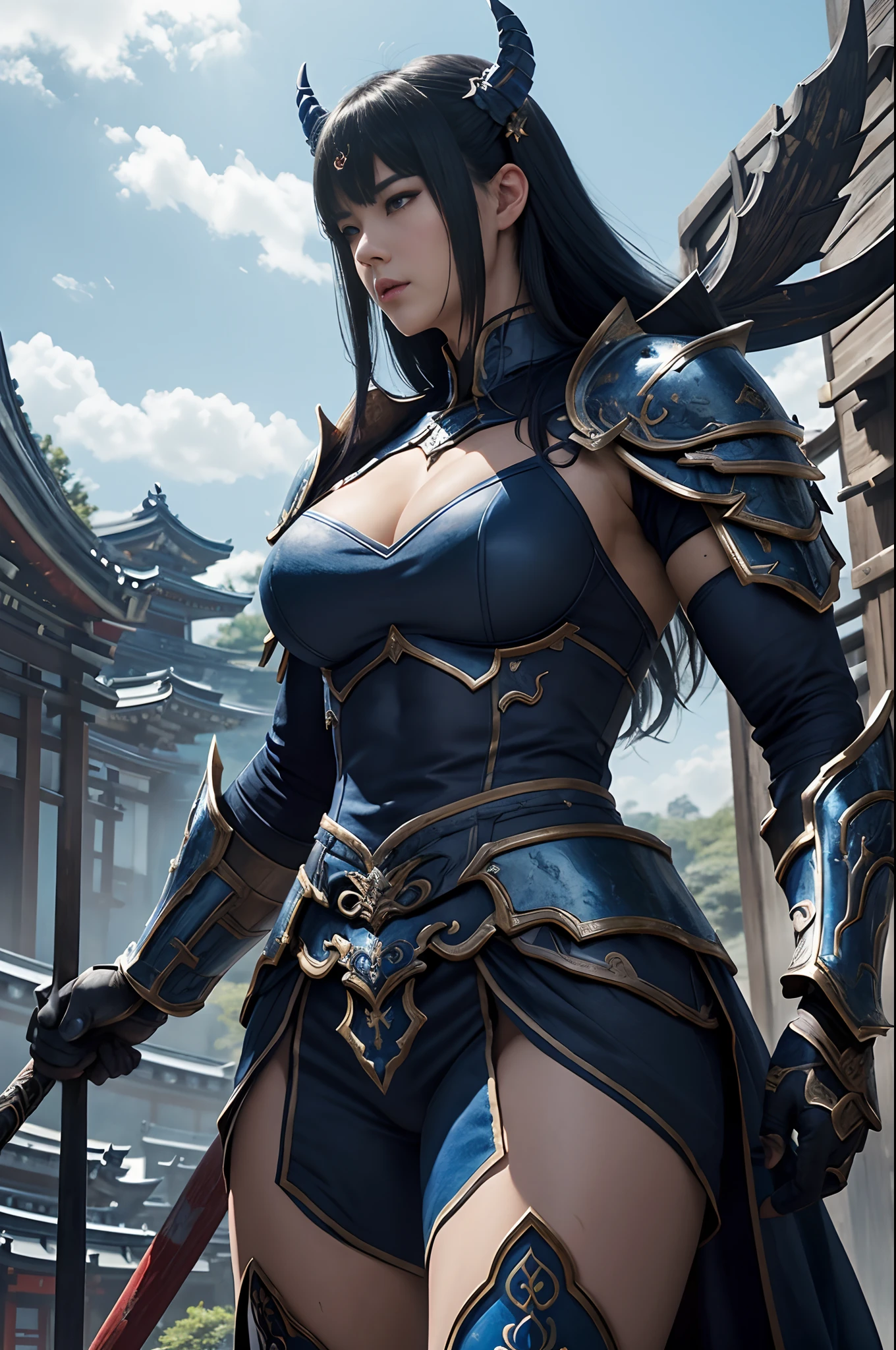 (Female Ghost Tender)、Demon Mask、Super Beauty、Blue Armor Solo Adult Devil Woman、Like the whole body、Big chest muscles and macho figure,Split abs,(Armed with a long and large spear)、Super sexy mature big female ogre。Sturdy jaw(realisitic)、Standing glossily facing the front、Blue Demon Armor、magnificent artwork、((Kyoto panel painting style))、Wind-effect:1.9、Cloud Effects:1.2、Full Rendering、Encaustic Painting、unrealengine、Fine armor patterns and decorations,A hyper-realistic,Armor details,超A high resolution,enticing,Entice your audience,Pose Seductive,