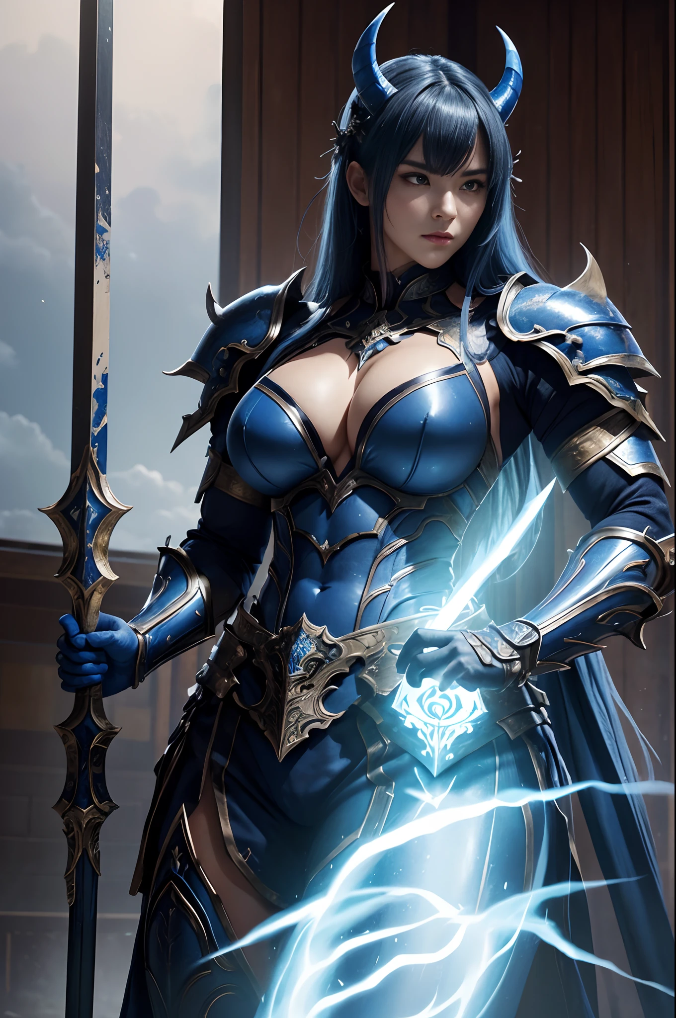 (Female Ghost Tender)、Demon Mask、Super Beauty、Blue Armor Solo Adult Devil Woman、Like the whole body、Big chest muscles and macho figure,Split abs,(Armed with a long and large spear)、Super sexy mature big female ogre。Sturdy jaw(realisitic)、Standing glossily facing the front、Blue Demon Armor、magnificent artwork、((Kyoto panel painting style))、Wind-effect:1.9、Cloud Effects:1.2、Full Rendering、Encaustic Painting、unrealengine、Fine armor patterns and decorations,A hyper-realistic,Armor details,超A high resolution,enticing,Entice your audience,Pose Seductive,