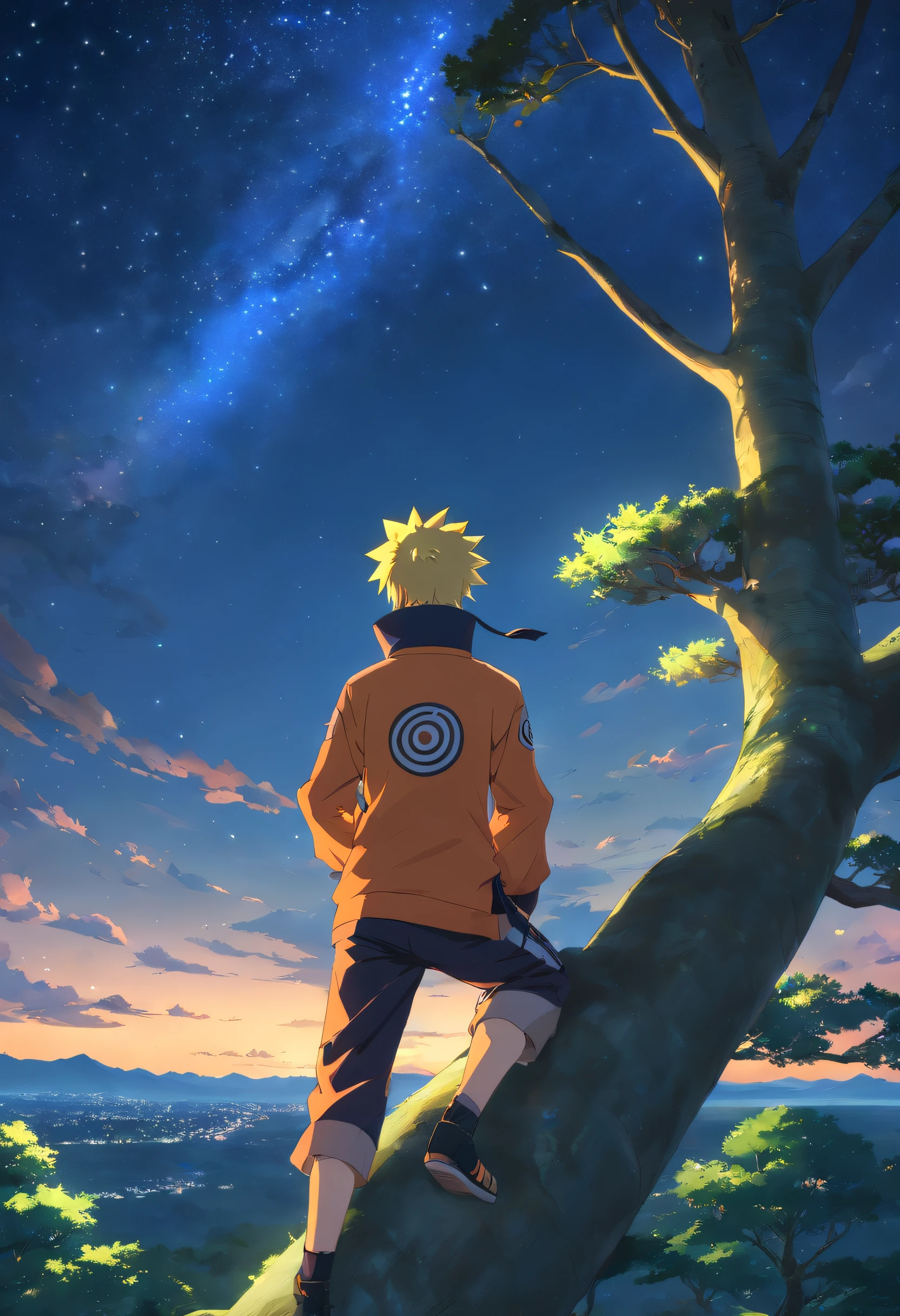 Naruto, masculino, anime, roupas laranjas, cabelos loiros, faixa de konoha, on top of a tree, looking at the starry sky of Konoha,