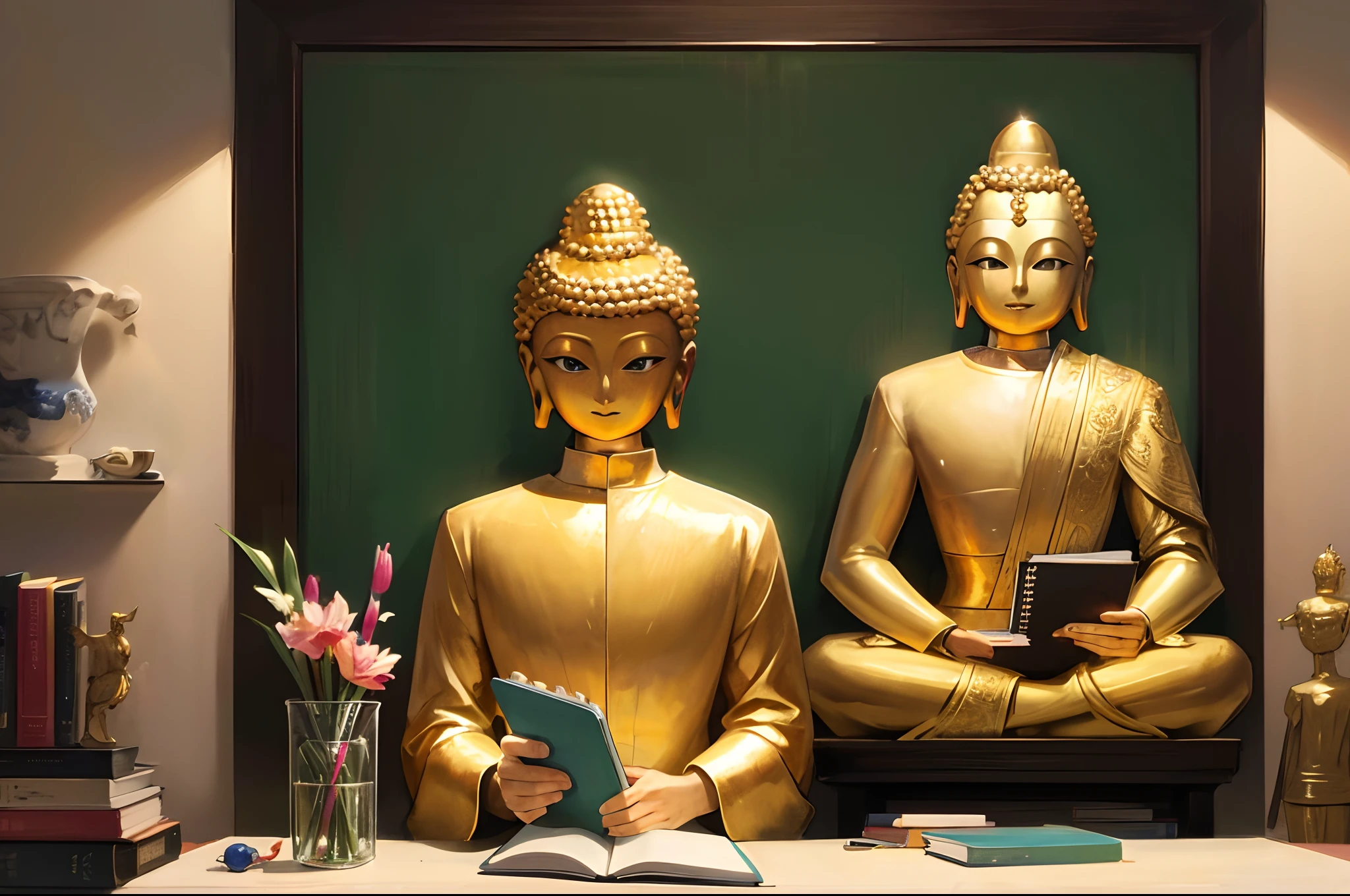 A golden Buddha is working Infront of a notebook