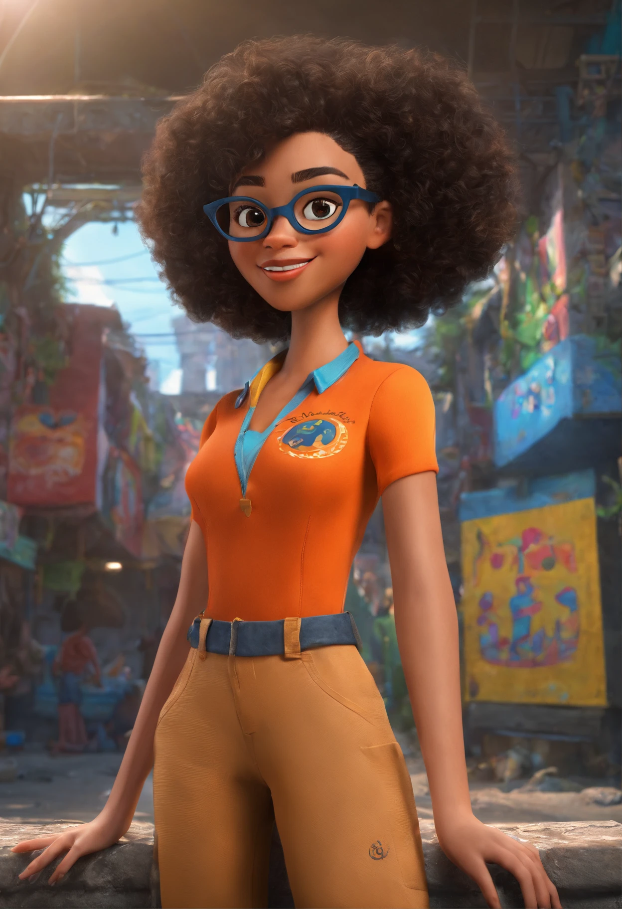 Como uma Imagem de um Cartaz de filme estilo pixa/Disney, em 3D, title "Thunder!" And the Disney symbol. A white girl with black curly hair reaching her shoulders, his eyes are black, Her skin color is light, She wears prescription glasses, sorriso malicioso, She's got shock coming out of her hand, She's dressed in an orange jumpsuit. Behind her is a slum.
