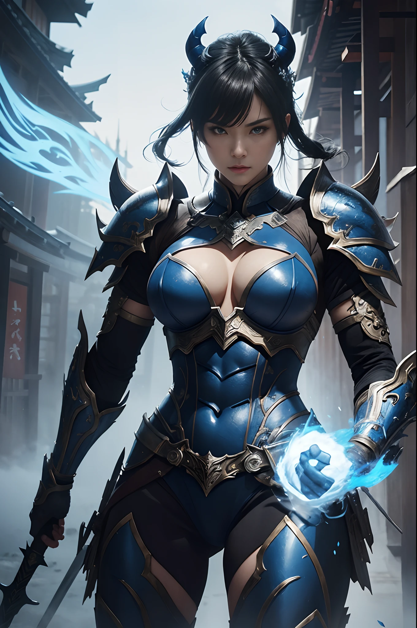 (Female Ghost Tender)、Demon Mask、Super Beauty、Blue Armor Solo Adult Devil Woman、Like the whole body、Big chest muscles and macho figure,Split abs,(Armed with a long and large spear)、Super sexy mature big female ogre。Sturdy jaw(realisitic)、Standing glossily facing the front、Blue Demon Armor、magnificent artwork、((Kyoto panel painting style))、Wind-effect:1.9、Cloud Effects:1.2、Full Rendering、Encaustic Painting、unrealengine、Fine armor patterns and decorations,A hyper-realistic,Armor details,超A high resolution,enticing,Entice your audience,Pose Seductive,