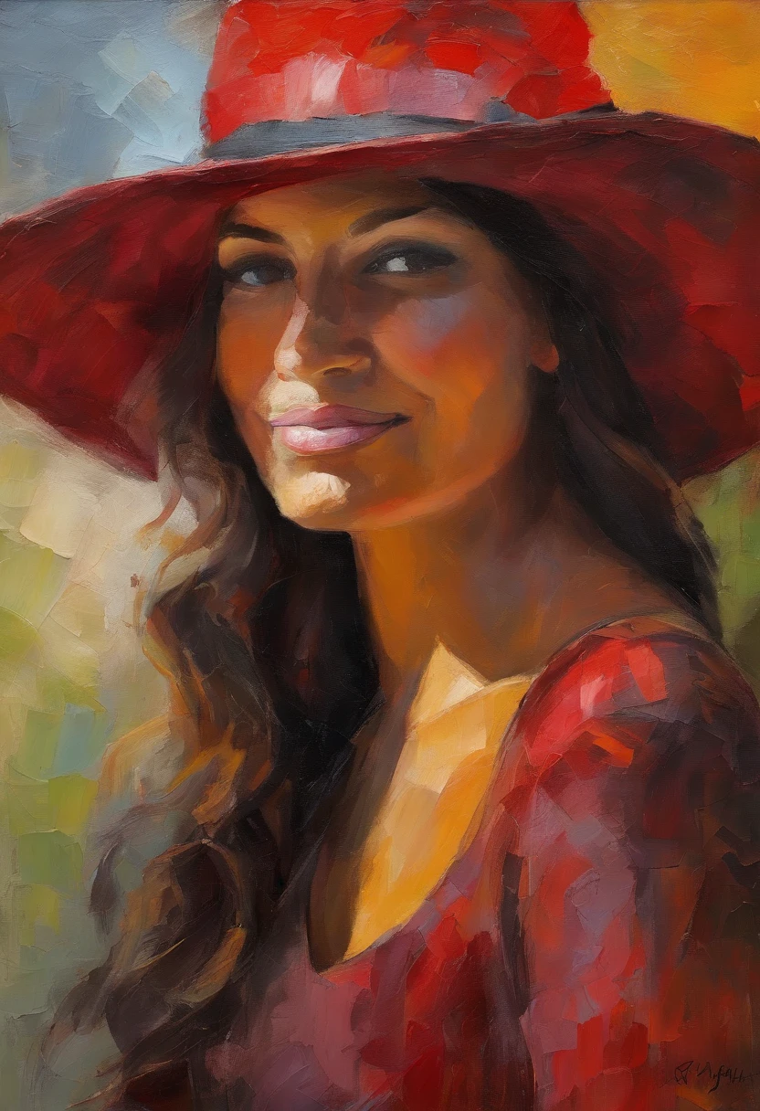 retrato feminino, mulher muito bonita, longos cabelos pretos, olhos sorridentes, olhando bem para o ponto de vista, red hat, acrylic painting, Pincelada arrojada e expressiva, estilo impressionista, Rosto detalhado, epic background, Specialized lighting and shadows, pintura de arte.