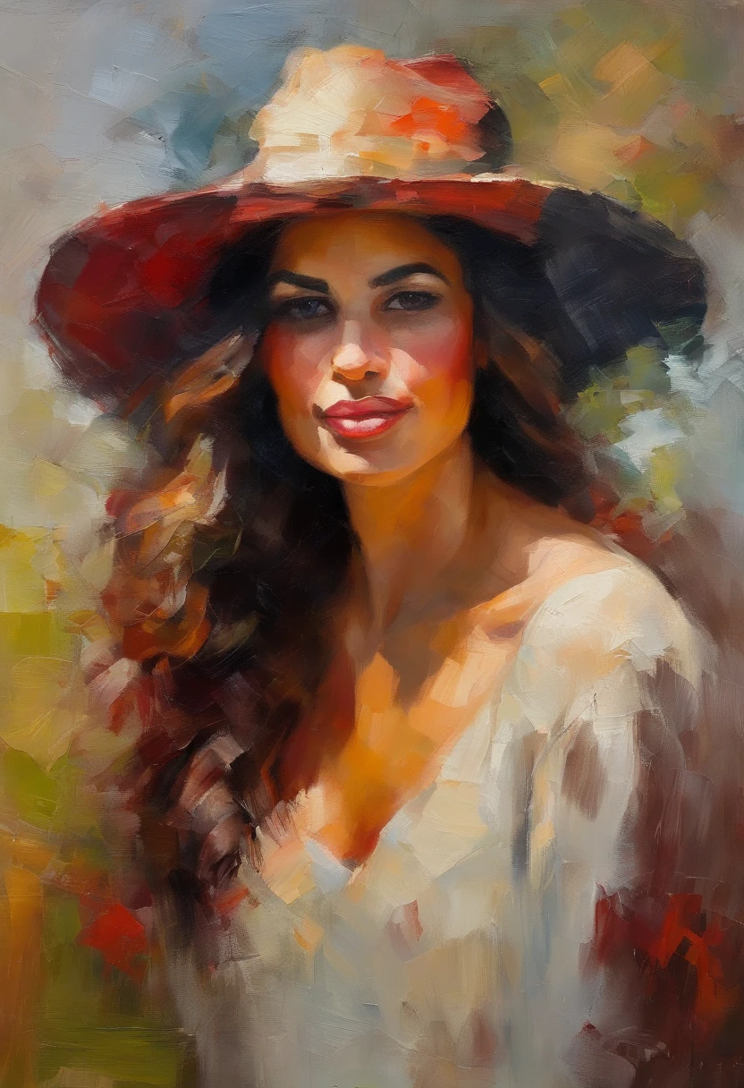 retrato feminino, mulher muito bonita, longos cabelos pretos, olhos sorridentes, olhando bem para o ponto de vista, red hat, acrylic painting, Pincelada arrojada e expressiva, estilo impressionista, Rosto detalhado, epic background, Specialized lighting and shadows, pintura de arte.