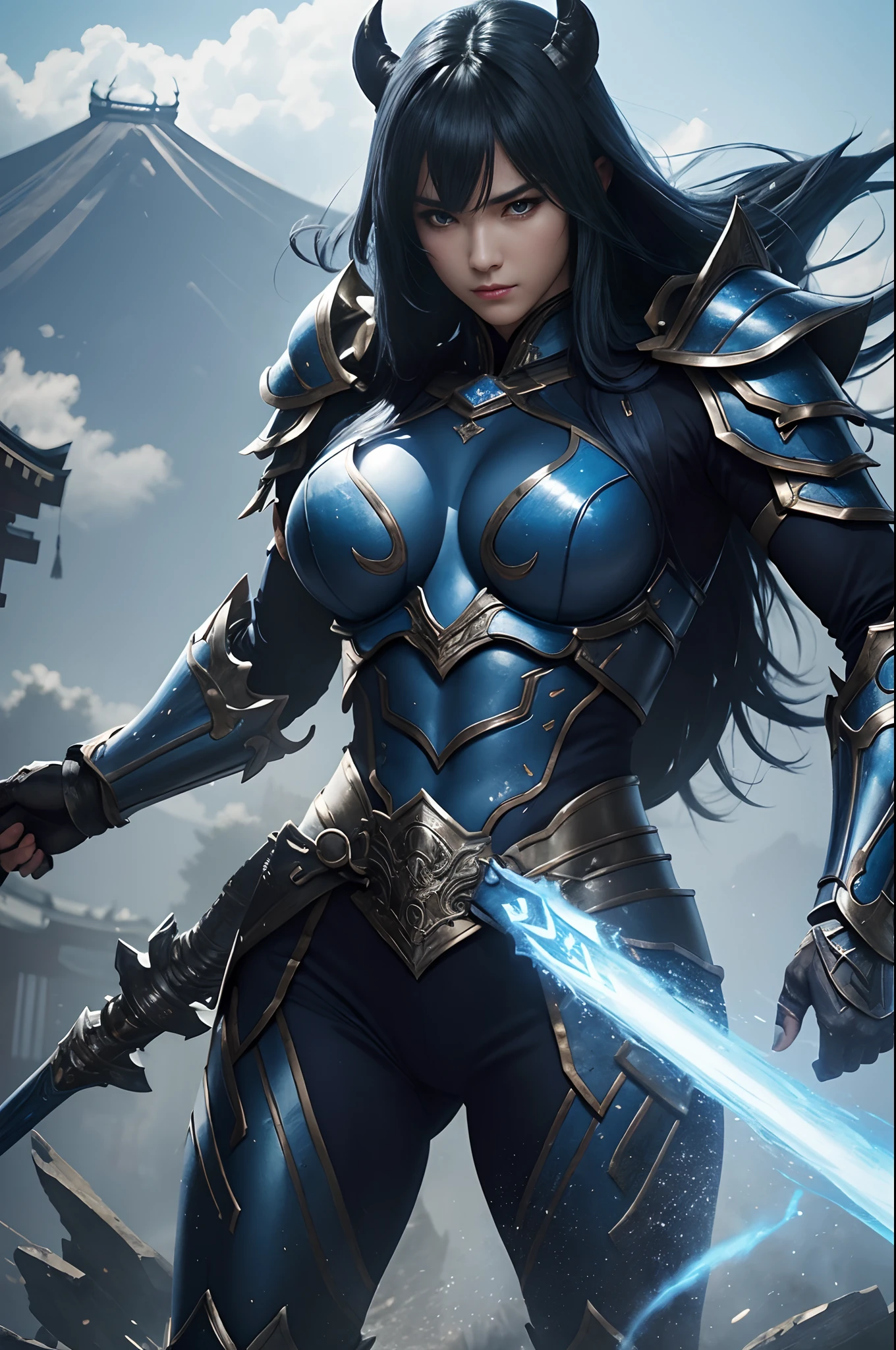 Japanese water color art picture of a mecha samurai woman in cyberpunk city, a mecha samurai woman, exquisite beautiful woman, fully clothed black hair, long hair, (blue eyes: 1.3), she stands ready to battle, wearing (white mecha armor: 1.3), high heeled boots, she is armed with a Japanes sword, Japanese Cyberpunk city at night, background, (Masterpiece: 1.5), 16k, highres, best quality, high details, ultra detailed, masterpiece, best quality, (extremely detailed), arafed, mecha, drkfntasy