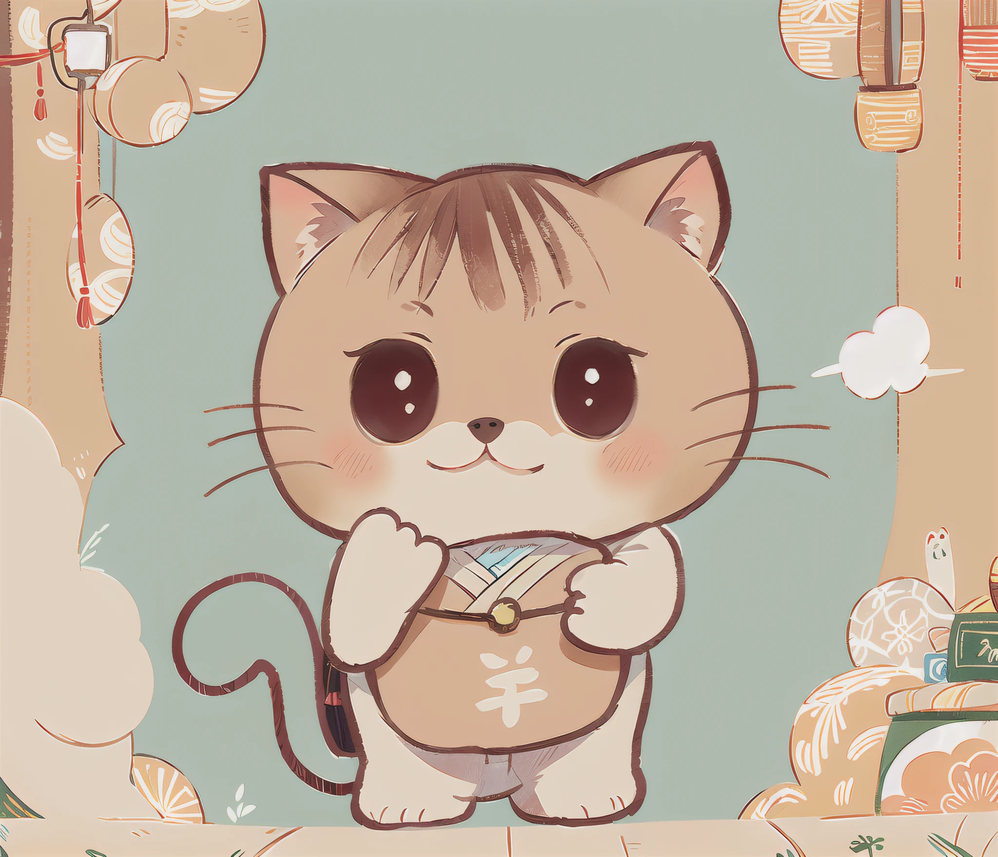 A cat with a wallet,Warm colors,Japanese cartoon style