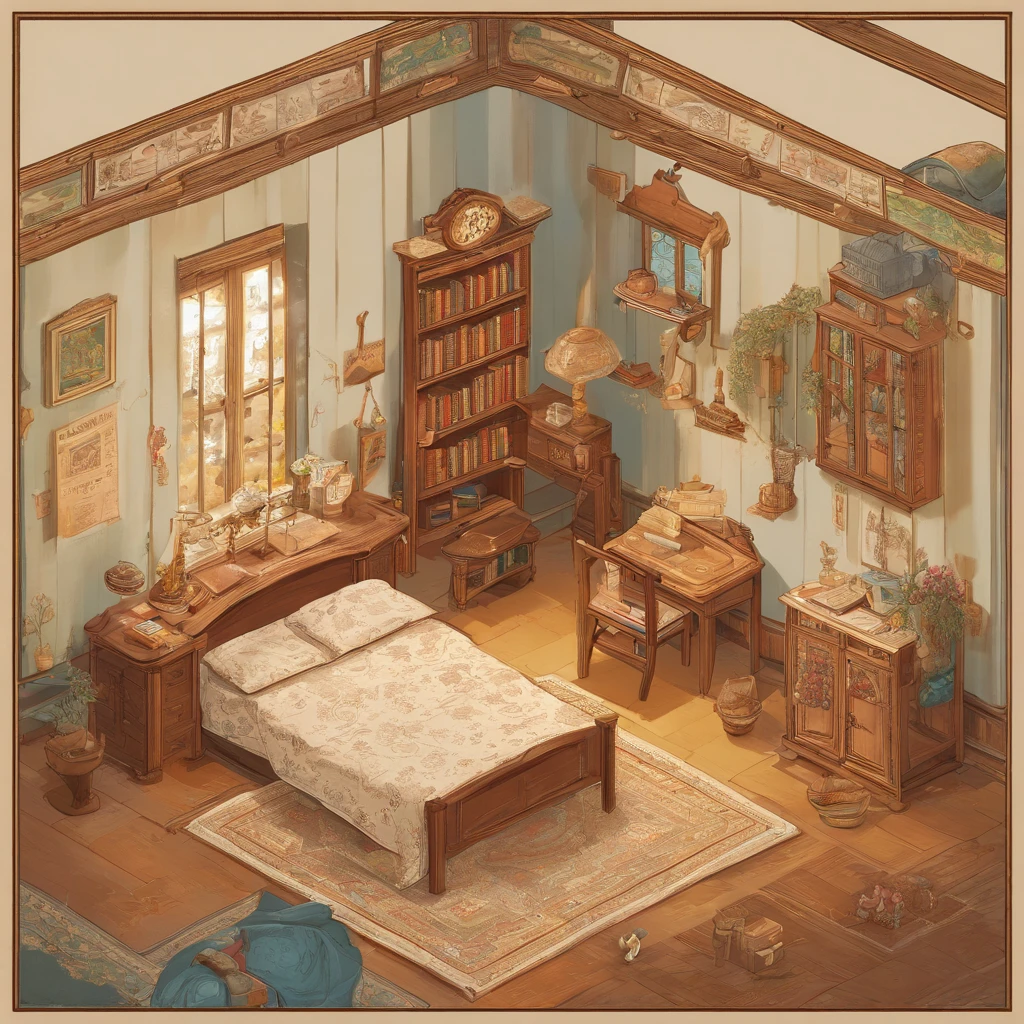 Inside (a light wood-colored bed with white sheets, yellow pillows and blue duvet), (a light wood-colored desk with a pencil, a notebook and a textbook), (a light wood-colored chair in front of the desk), There is a room with (a child sitting on a chair and studying at a desk), (a light wood-colored wardrobe with double doors, one of which is opened to reveal clothes hanging inside), a patterned carpet, a wall clock, a wall painting, (a bookcase with several books on its shelves), a full-length mirror. The room has the same dimensions in width, breadth or depth. The room has no roof or ceiling. The top of the room is open. The image is from outside the room and well above the ceiling, showing the room, the walls of the room and the garden outside the room, including the trees, the swing and the flowers, from an isometric perspective. This is a game screenshot. This image captures the furniture, home and lifestyle of 1900s America.