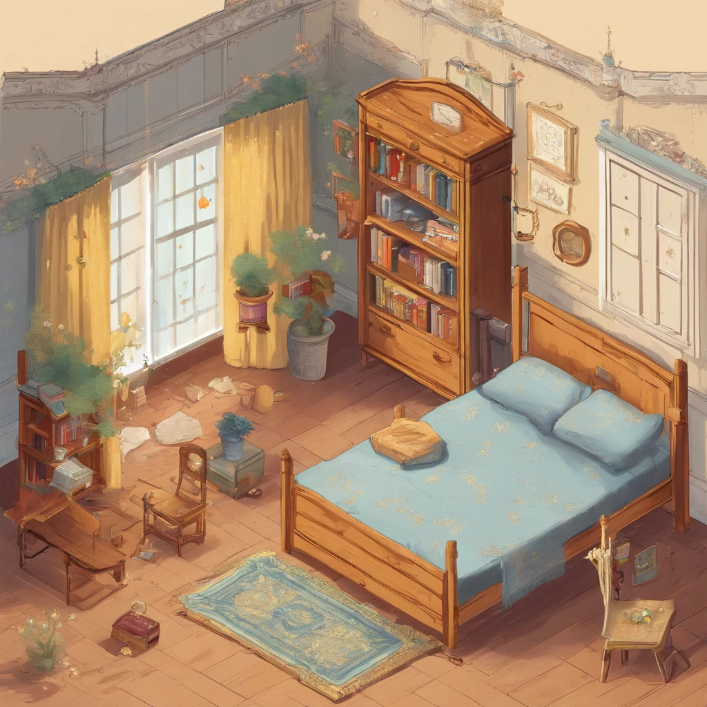 Inside (a light wood-colored bed with white sheets, yellow pillows and blue duvet), (a light wood-colored desk with a pencil, a notebook and a textbook), (a light wood-colored chair in front of the desk), There is a room with (a sitting on a chair and studying at a desk), (a light wood-colored wardrobe with double doors, one of which is opened to reveal clothes hanging inside), a patterned carpet, a wall clock, a wall painting, (a bookcase with several books on its shelves), a full-length mirror. The room has the same dimensions in width, breadth or depth. The room has no roof or ceiling. The top of the room is open. The image is from outside the room and well above the ceiling, showing the room, the walls of the room and the garden outside the room, including the trees, the swing and the flowers, from an isometric perspective. This is a game screenshot. This image captures the furniture, home and lifestyle of 1900s America.