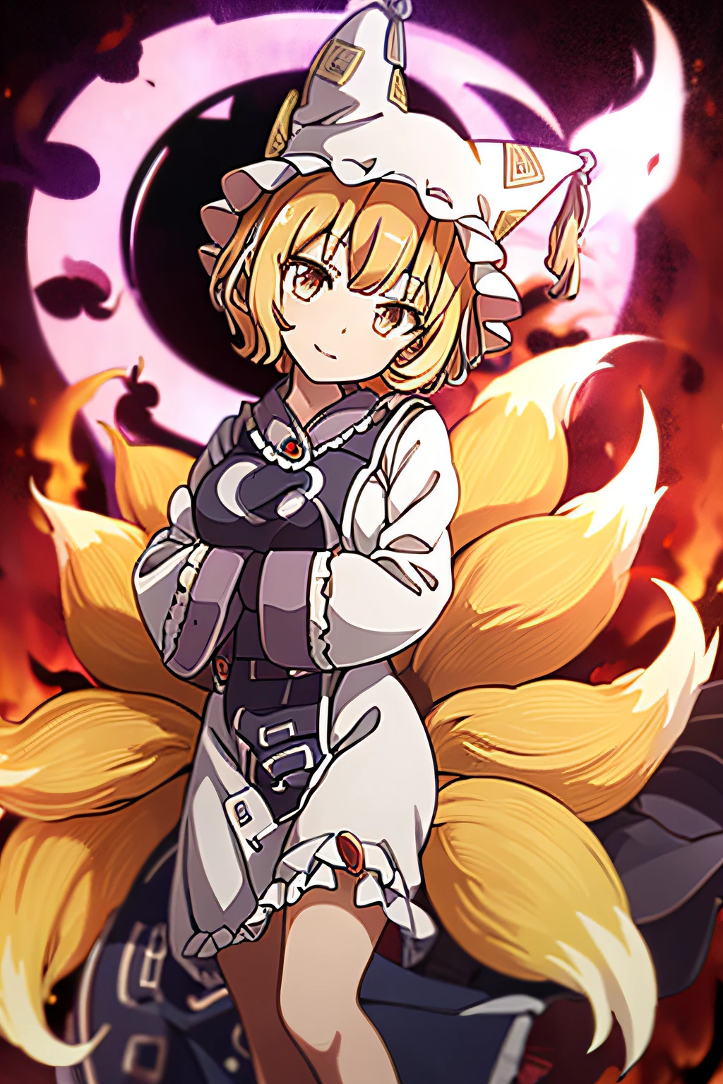 yakumo ran, 1girl, hat, blonde hair, fox tail, tabard, short hair, yellow eyes, multiple tails, long sleeves, white dress, wide sleeves, bangs, frills, frilled shirt collar,  frilled sleeves, head tilt, kitsune,