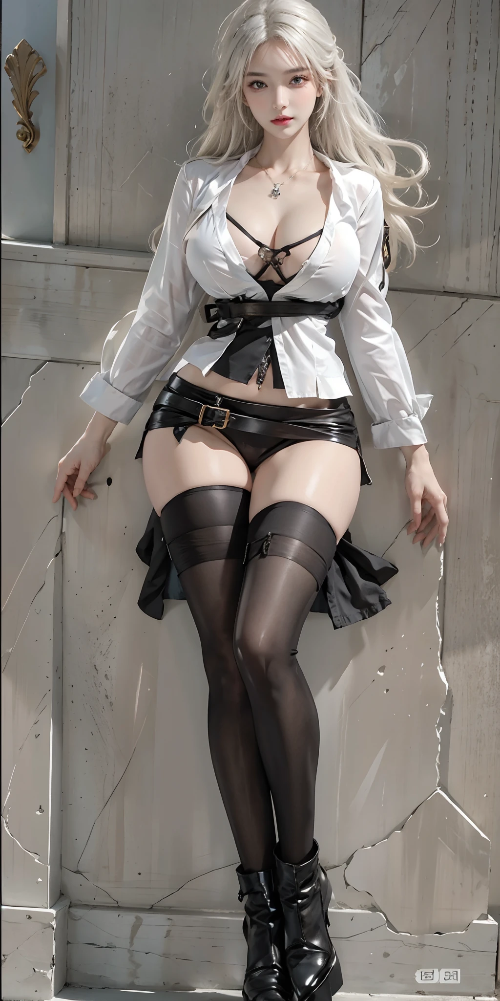 Photorealistic, High resolution, Soft light,1womanl, Solo, hips up high, glistning skin, (Detailed face),The tattoo, Jewelry, Pirate Uniform, White shirt, Black skirt, Black stockings, garterbelts, Night, Blonde hair, Wavy Hair, Beautiful Soldier, An eye that invites the viewer, Lover's perspective, inviting expression, Sexy smile, Perfect Style, Perfect balance, Detailed skin, Naughty gaze, Chest visible