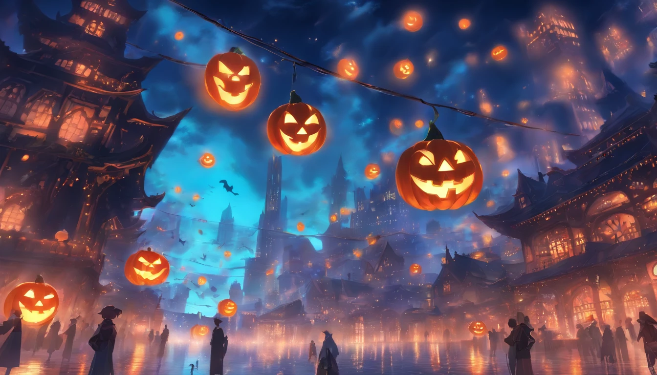 Halloween Floating Lights, no human figures,Cinematic light and reflection, glowing lights, Intermediate metaverse elements,Digital Painting, Glowing reflections, pondering, Halloween Jack-o'-lantern, calm night, Digital Illustration, Beautiful atmosphere, Skylight at night, Calm evening atmosphere, Jack-o'-lantern, Halloween, the night, themoon, The game scene, Halloween, Surrounded by clouds, Buildings in medieval Europe, glazed tiles, ue, gorgeous colors, There are three arches in the foreground((color ink)), ( (Splash ink ) ), ((Splash ink) inky})), tmasterpiece, high quarity, Beautiful graphics, high detal
