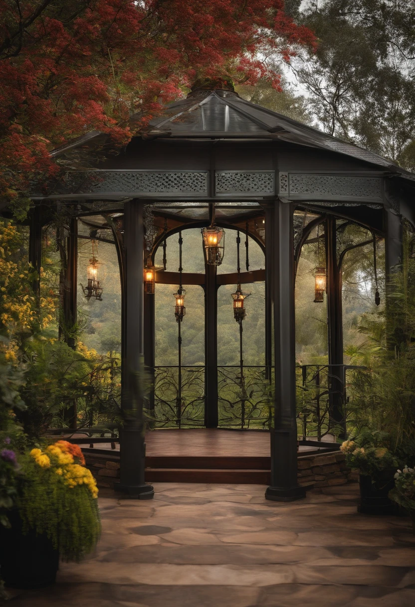 gazebo em estilo industrial coberto de flores, sobre um gramado