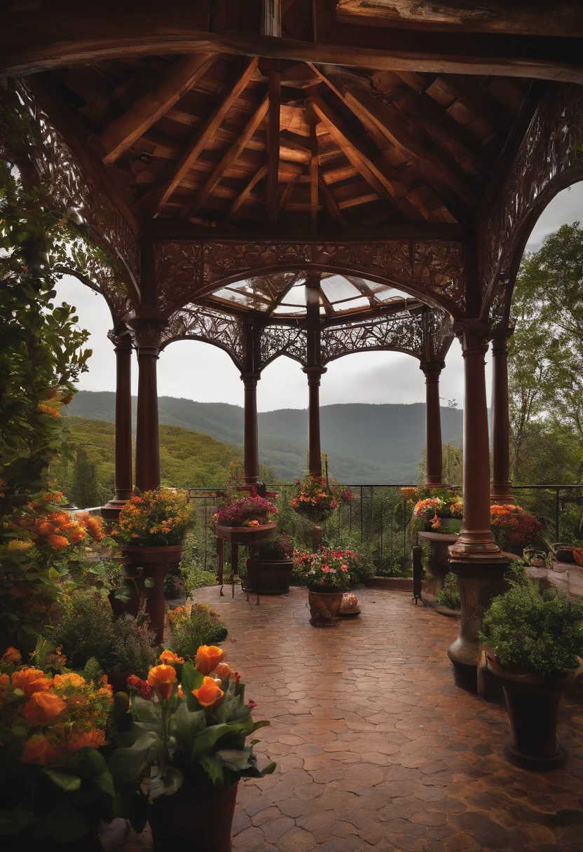 gazebo em estilo industrial coberto de flores, sobre um gramado