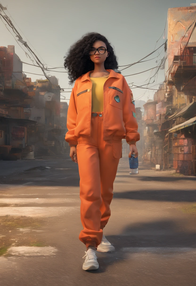 A white girl with black curly hair reaching her shoulders, his eyes are black, Her skin color is light, She wears prescription glasses, sorri, She's got an electric charge coming out of her hand, She's powerful She's dressed in an orange jumpsuit. Behind her is a slum.