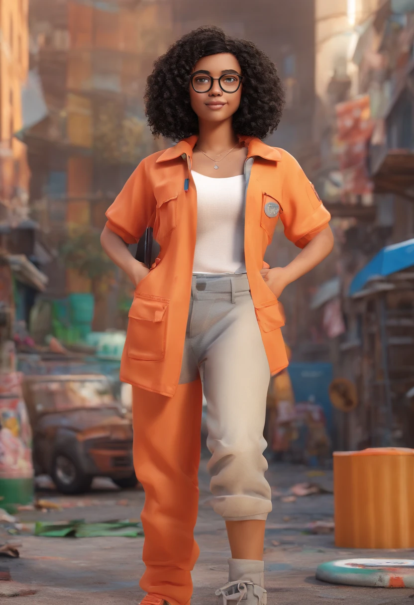 A white girl with black curly hair reaching her shoulders, his eyes are black, Her skin color is light, She wears prescription glasses, sorri, She's got an electric charge coming out of her hand, She's powerful She's dressed in an orange jumpsuit. Behind her is a slum.