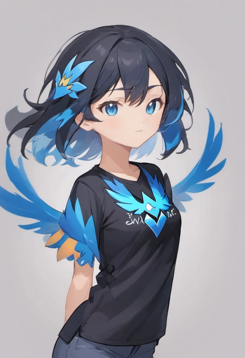 ((Melhor qualidade)),Garoto pardo, cabelo curto, corpo inteiro, olhos bonitos e detalhados, Black shirt with blue sleeves and a blue phoenix emblazoned on the left side of the shirt.