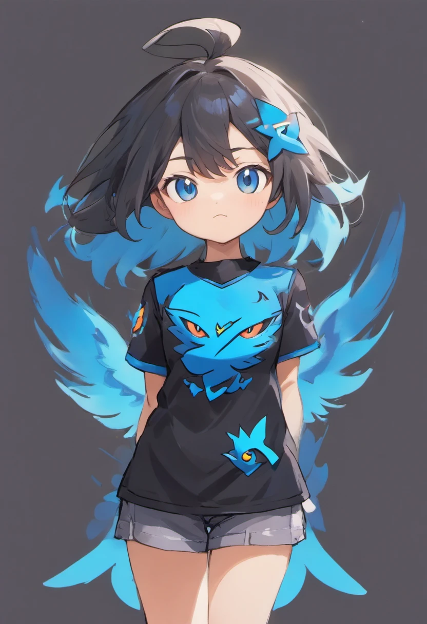 ((Melhor qualidade)),Garoto pardo, cabelo curto, corpo inteiro, olhos bonitos e detalhados, Black shirt with blue sleeves and a blue phoenix emblazoned on the left side of the shirt.