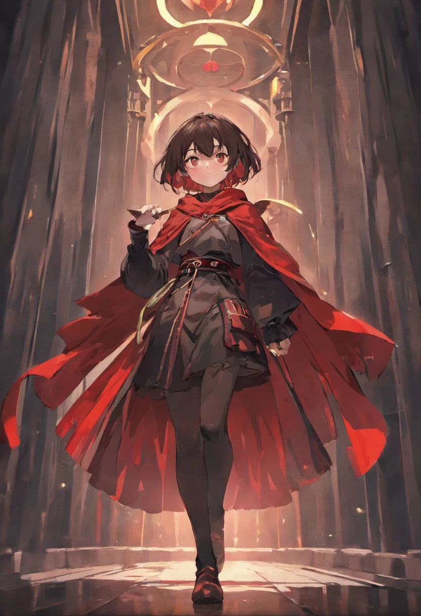 girl
Flat chest
Shoulder-lengh black brown hair
Red eyes
Black cloak
Red robe
Orange boots
Black chocker
Black belt
Black fingerless gloves
White bandage on left shin
Black knee socks on right shin
Small hands
Small arms
Anime style