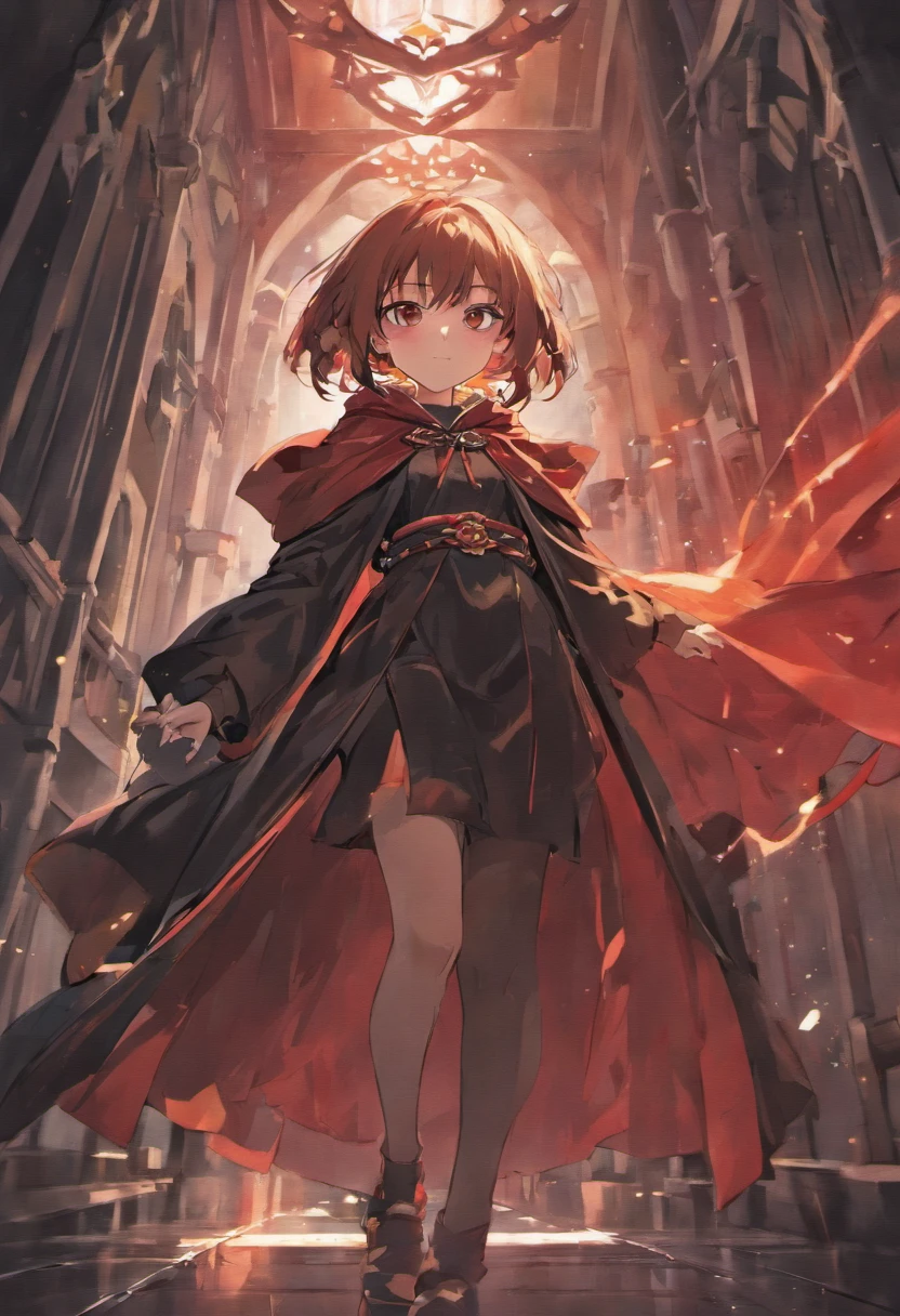  girl
Flat chest
Shoulder-lengh black brown hair
Red eyes
Black cloak
Red robe
Orange boots
Black chocker
Black belt
Black fingerless gloves
White bandage on left shin
Black knee socks on right shin
Small hands 
Small arms

Anime style