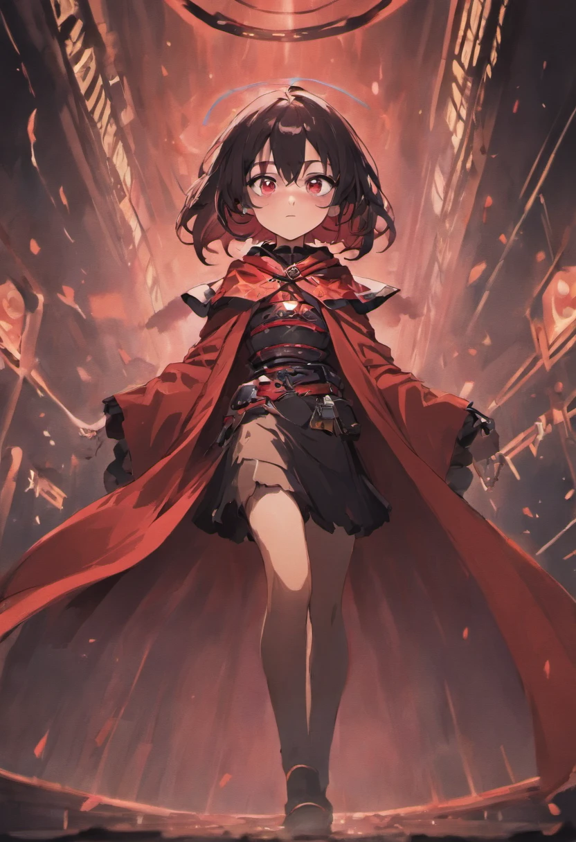  girl
Flat chest
Shoulder-lengh black brown hair
Red eyes
Black cloak
Red robe
Orange boots
Black chocker
Black belt
Black fingerless gloves
White bandage on left shin
Black knee socks on right shin
Small hands 
Small arms

Anime style