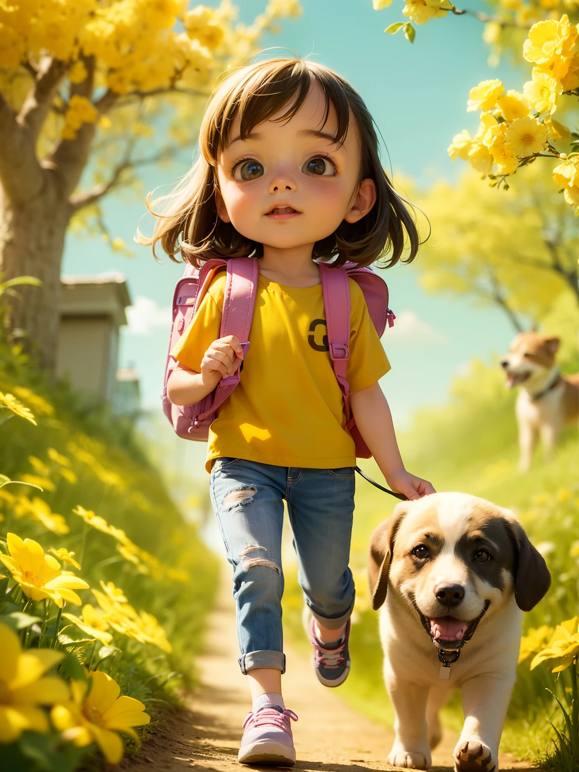 A very adorable  girl with a backpack and her cute puppy enjoying a beautiful spring walk surrounded by beautiful yellow flowers and nature. The illustration is a high-definition illustration in 4K resolution with very detailed facial features and cartoon-style visuals.