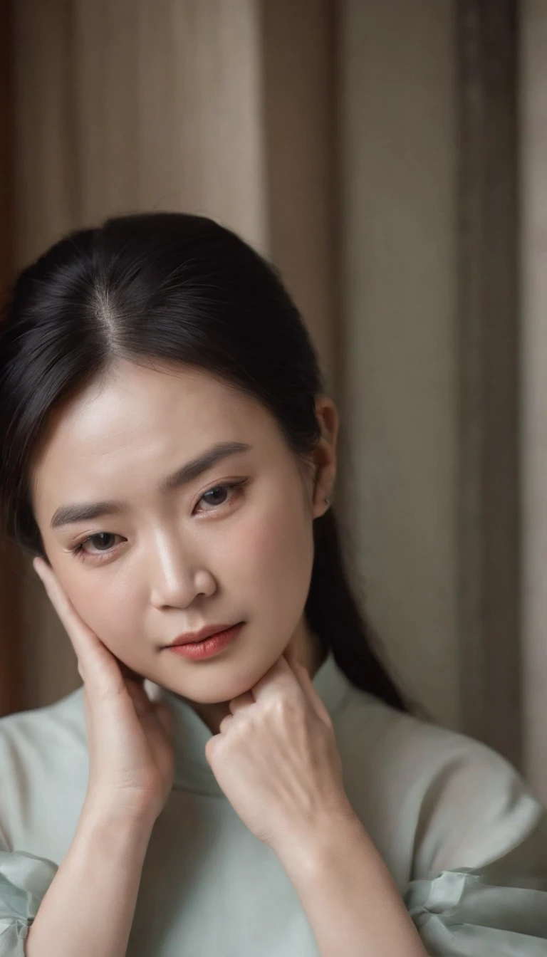 Chinese woman with toothache,age 60,Cover your face with your hands,The expression is painful,The expression of wanting to cry,Black hair,longer sleeves