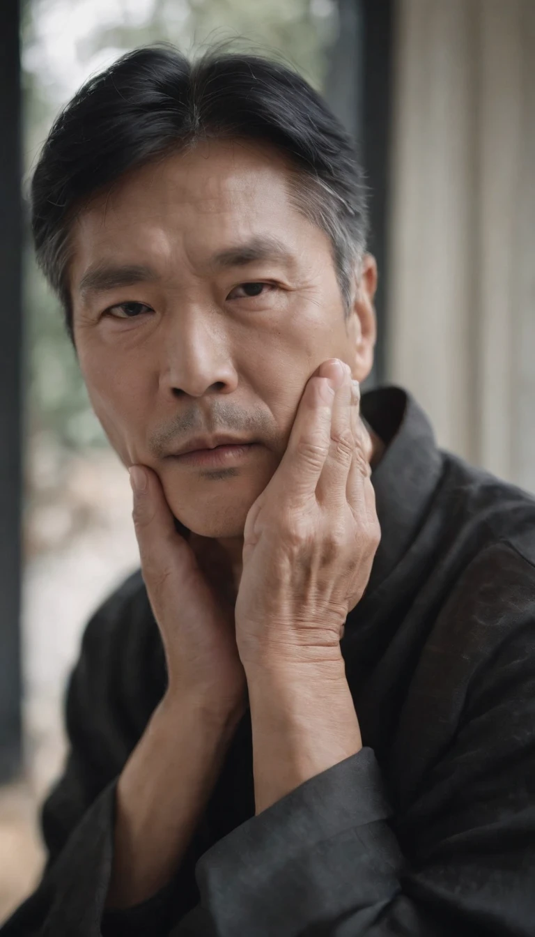 Chinese man with toothache，age 60，Cover your face with your hands，The expression is painful，The expression of wanting to cry，Black hair，longer sleeves