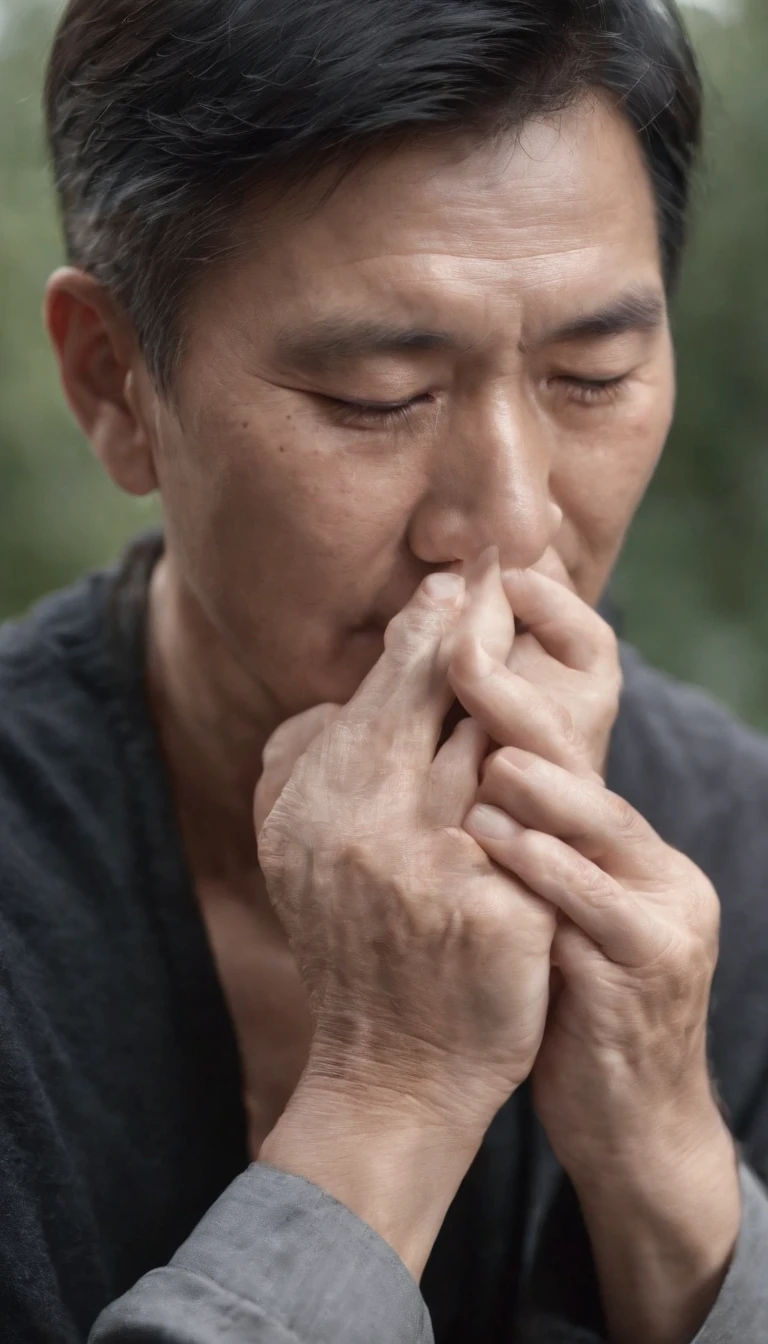 Chinese man with toothache,age 60,Cover your face with your hands,The expression is painful,The expression of wanting to cry,Black hair,longer sleeves