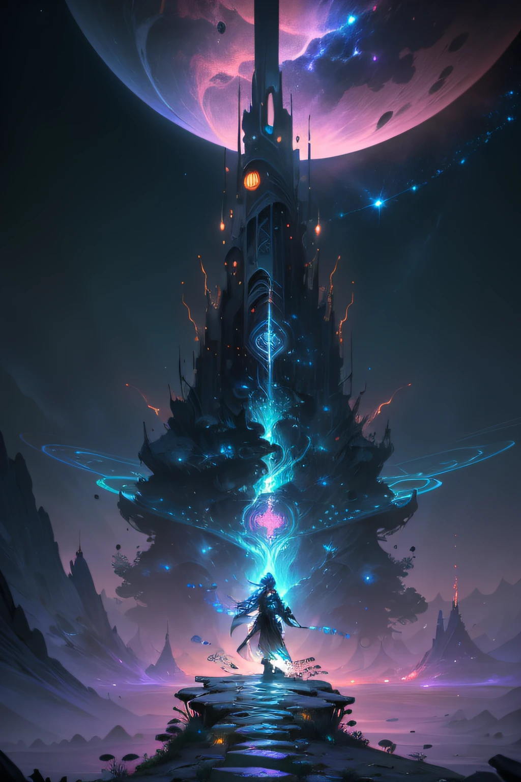 ((Best quality)), ((masterpiece)), (highly detailed:1.3), 3D, In a distant future where the boundaries between science fiction and fantasy have dissolved, the world is a tapestry of awe-inspiring wonders. Enter a universe where magic and technology coexist in harmony, shaping the destiny of civilizations across vast reaches of space.At the heart of this realm lies the Celestial Nexus, an intergalactic hub of mystical energies and technological marvels. Here, arcane knowledge intertwines with cutting-edge science, giving rise to a society where spaceships are imbued with the power of ancient spells, and technology is augmented by the mystic arts.Embark on a grand odyssey as a young explorer, destined to unravel the secrets of the Celestial Nexus. As you traverse the uncharted realms of the cosmos, encounter diverse civilizations teeming with beings who possess extraordinary abilities. From the ethereal Elven Spires, where the art of interdimensional travel is perfected, to the cybernetic enclaves of the Android Conglomerate, witness the tapestry of life as magic and technology intertwine.Unleash your latent powers as you become attuned to the energies that flow through the Nexus. Harness the ancient incantations of forgotten sorceries to propel your starship across the vast expanse of the cosmos. Engage in epic battles against cosmic abominations and interstellar tyrants, wielding enchanted weapons infused with futuristic enhancements.As you delve deeper into the enigmatic realms of the Celestial Nexus, uncover the origin of this harmonious fusion of magic and technology. Discover the ancient prophecies that foretell a cataclysmic event threatening to tear apart this delicate balance. Unite with a band of extraordinary beings, each possessing their own blend of magical aptitude and technological expertise, to embark on a perilous quest to save the Nexus from imminent destruction.In this epic saga, your choices will shape the fate of worlds, as the boundaries between