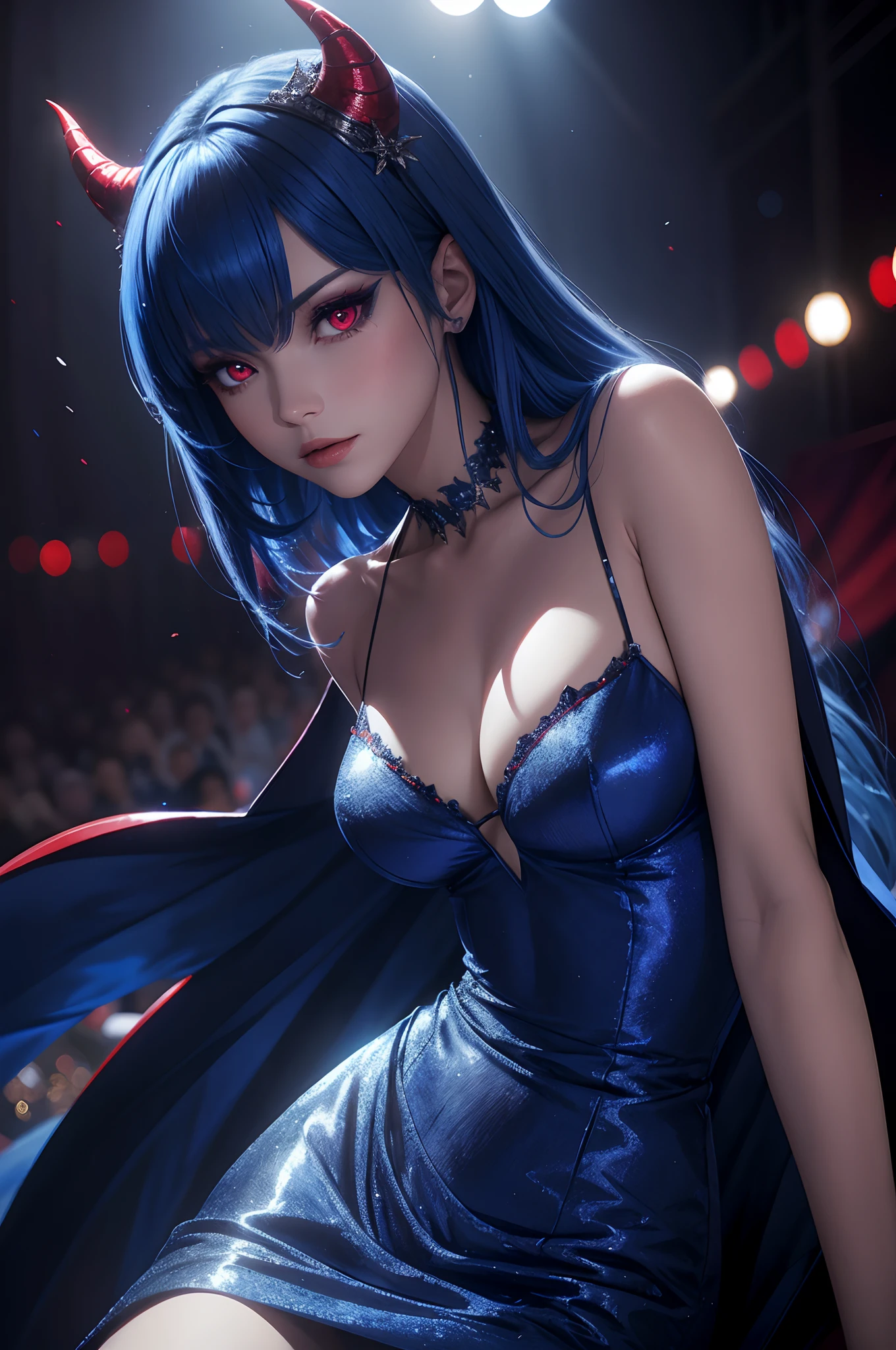 masterpiece, highest quality, high detail, in popular culture they say that the devil is a male..but what if the devil was a female, Sapphire blue hair, ruby red eyes, dark aura, glimmer, bokeh, solo, runway detailed background, realistic, studio lighting