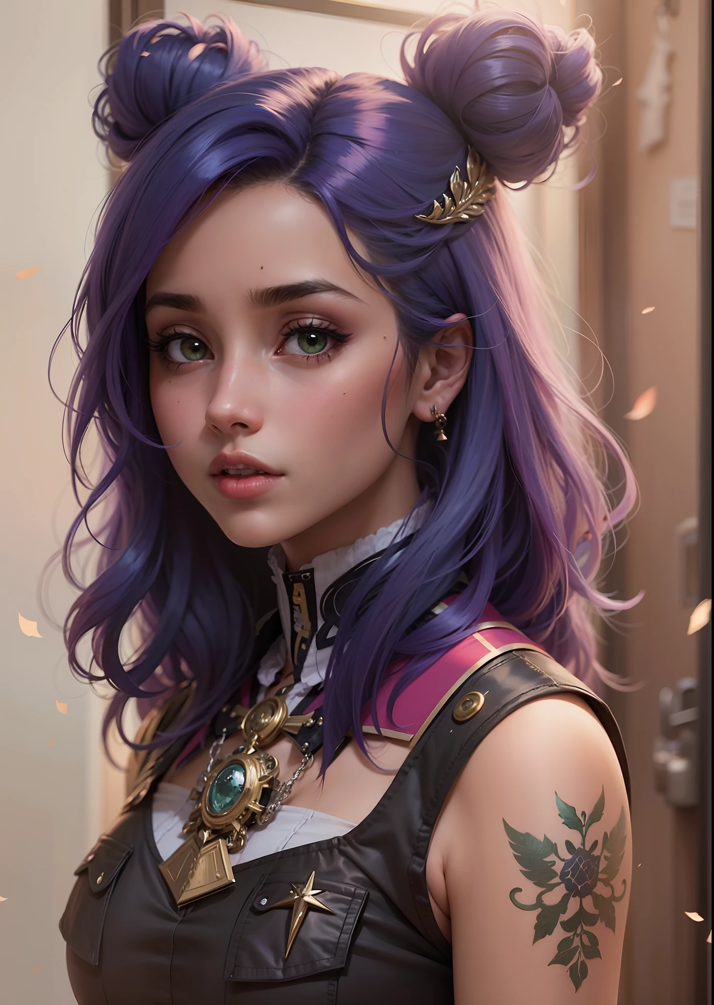 Estudante do colegial, Lilac Haired Girl/Azul/Rosa, garota de cabelos ondulados, garotas de cabelo cacheado, rosy lips, bochechas coradas, roupa estilosa, moletom, casaco Verde, blusa cinzenta, garota de cabelo amarrado ondulado/cacheado