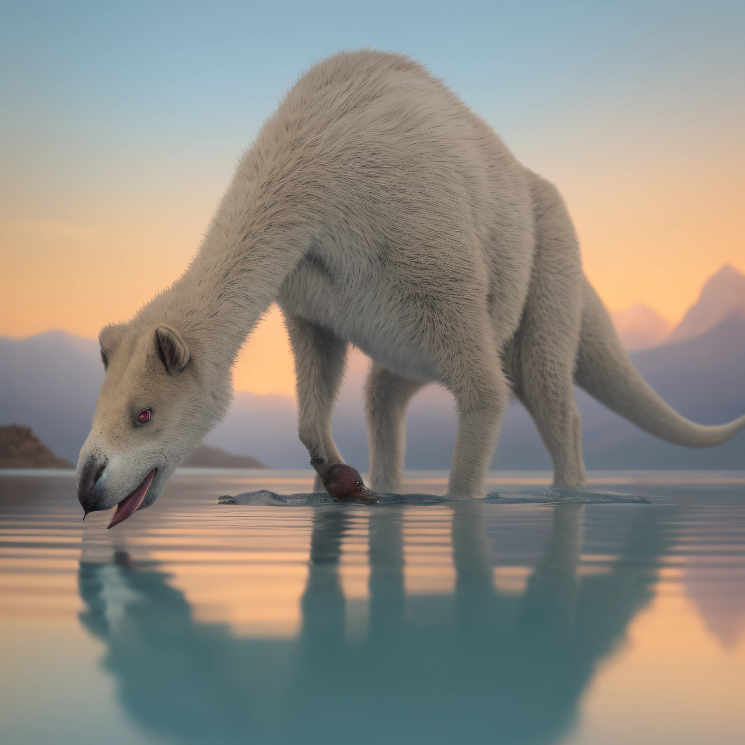 araffe drinking water from a lake in the middle of a mountain range, realistic photography paleoart, hyperrealistic vfx render, in the art style of filip hodas, by Adam Marczyński, by Matija Jama, by Mike Winkelmann, jurassic image, 3 d render and matte painting, ultra realistic 3d illustration