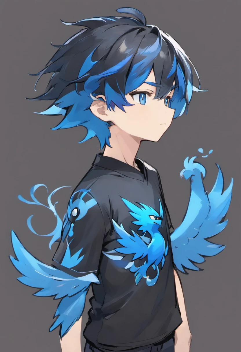 ((Melhor qualidade)),Garoto homem pardo, cabelo preto curto, corpo inteiro, olhos bonitos e detalhados, Black shirt with blue sleeves and a blue phoenix emblazoned on the left side of the shirt.