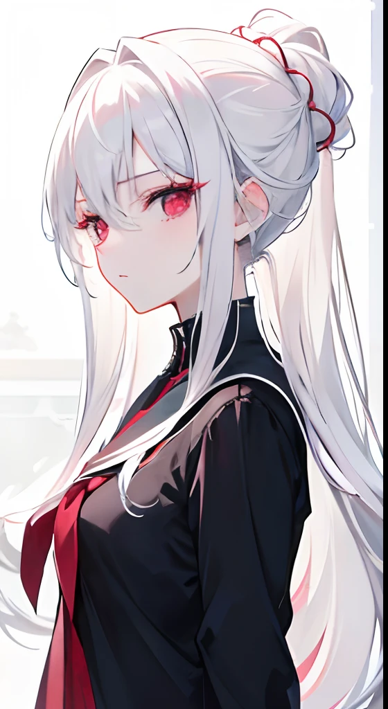 Teenage elegant girl looking at the viewer, side view, white hair, long hair, red eyes, cold face, perfect face, perfect eyes, long eyelashes, anime girl without background