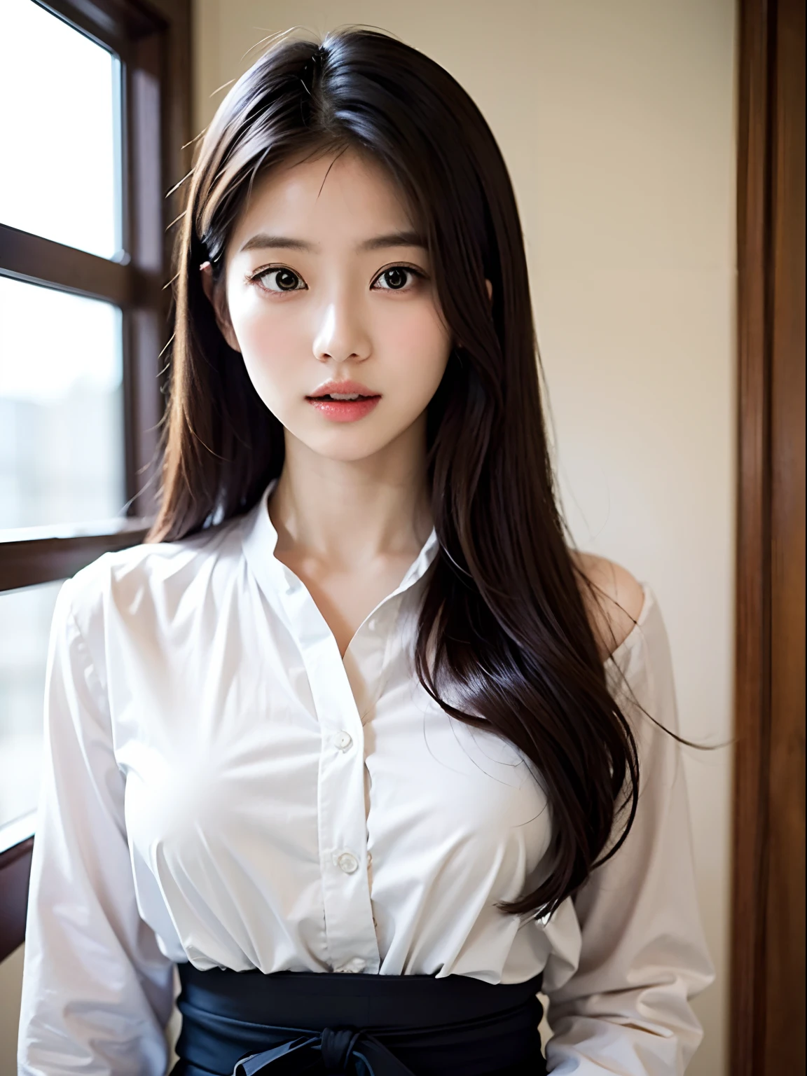 Alafed Asian Woman，Long hair and white shirt posing for photo, a picture by Torii Kiyomoto, Tumbler, shin hanga, Young beautiful Korean face, the face of a beautiful Japanese girl, wan adorable korean face, beautiful Korean women, Beautiful young Korean woman, Cute delicate face, Portrait of female Korean idol, Gorgeous young Korean woman, Beautiful delicate face