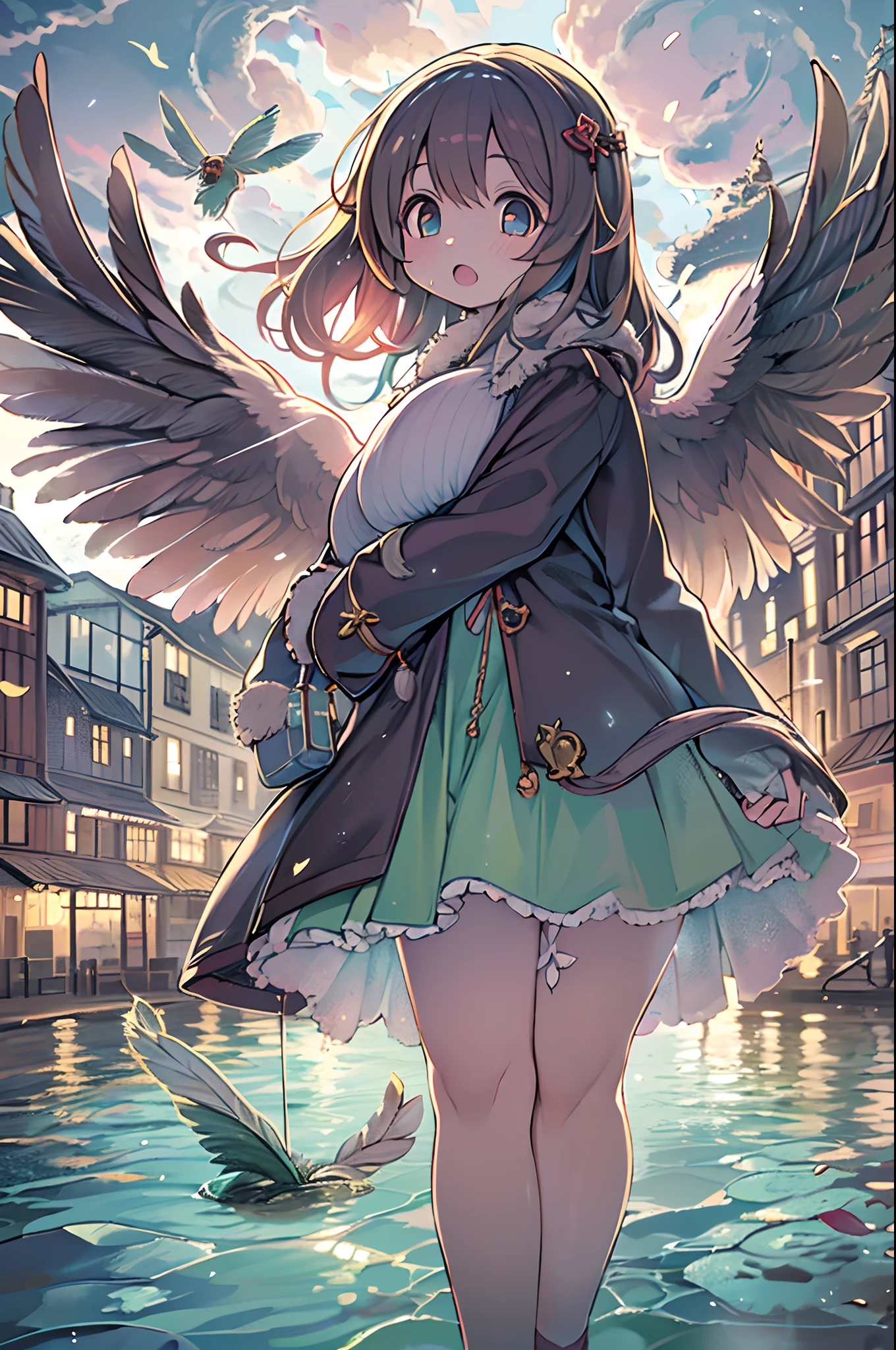 absurderes, hight resolution,, (1girl in, Solo), Big eyes,, townscape,, (Water Effects, Light Effects, fluttering feathers:1.2),bbw