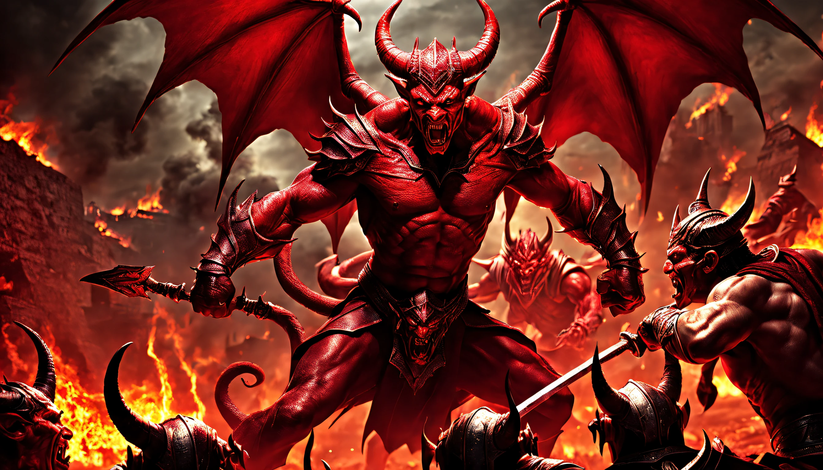 (nefarious devils fighting in a battle :1.3), (hell as described in bible scene), Realism, god rays, highres, 16k, best quality, super detail, detailed skin