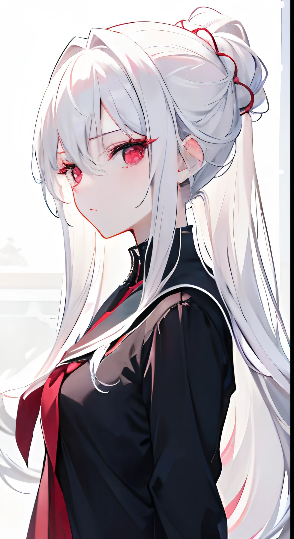 age elegant girl looking at the viewer, side view, white hair, long hair, red eyes, cold face, perfect face, perfect eyes, long eyelashes, anime girl without background