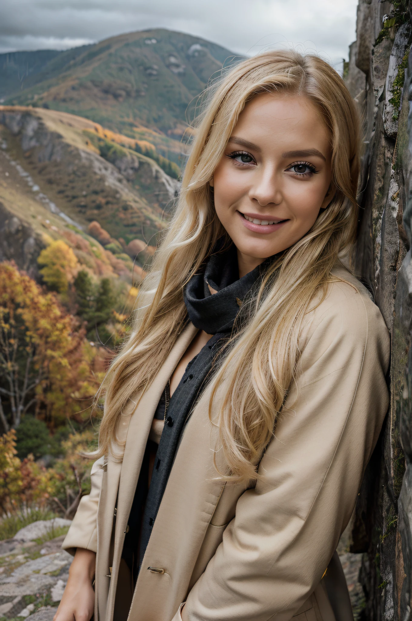 30 years old blonde woman, beige winter coat, scarf, black pants, makeup, high detail face, smile, direct seductive look, high detail hands, high detail eyes, long blonde hair, white skin, ultrarealistic, posing on the cliff, mountain landscape, autumn, rain clouds
