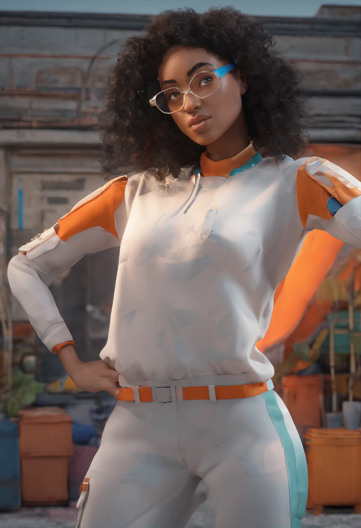 A white girl with black curly hair reaching her shoulders, his eyes are black, Her skin color is light, She wears prescription glasses, sorri, She's got an electric charge coming out of her hand, She's powerful She's dressed in an orange jumpsuit. Behind her is a slum.