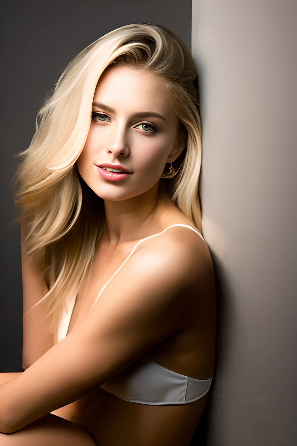 Femme blonde nue posant pour une photo dans un studio, belle femme blonde, Femme blonde, blonde and attractive features, blonde belle jeune femme, belle fille blonde, une belle blonde, Fille sexy aux longs cheveux blonds, Jeune femme blonde, longs cheveux blonds et grands yeux, cute female model, cheveux blonds et grands yeux, Souriant, assis sur le lit, nue , studio lighting, ambiance nuit, grand, grand, Firm and generous breasts