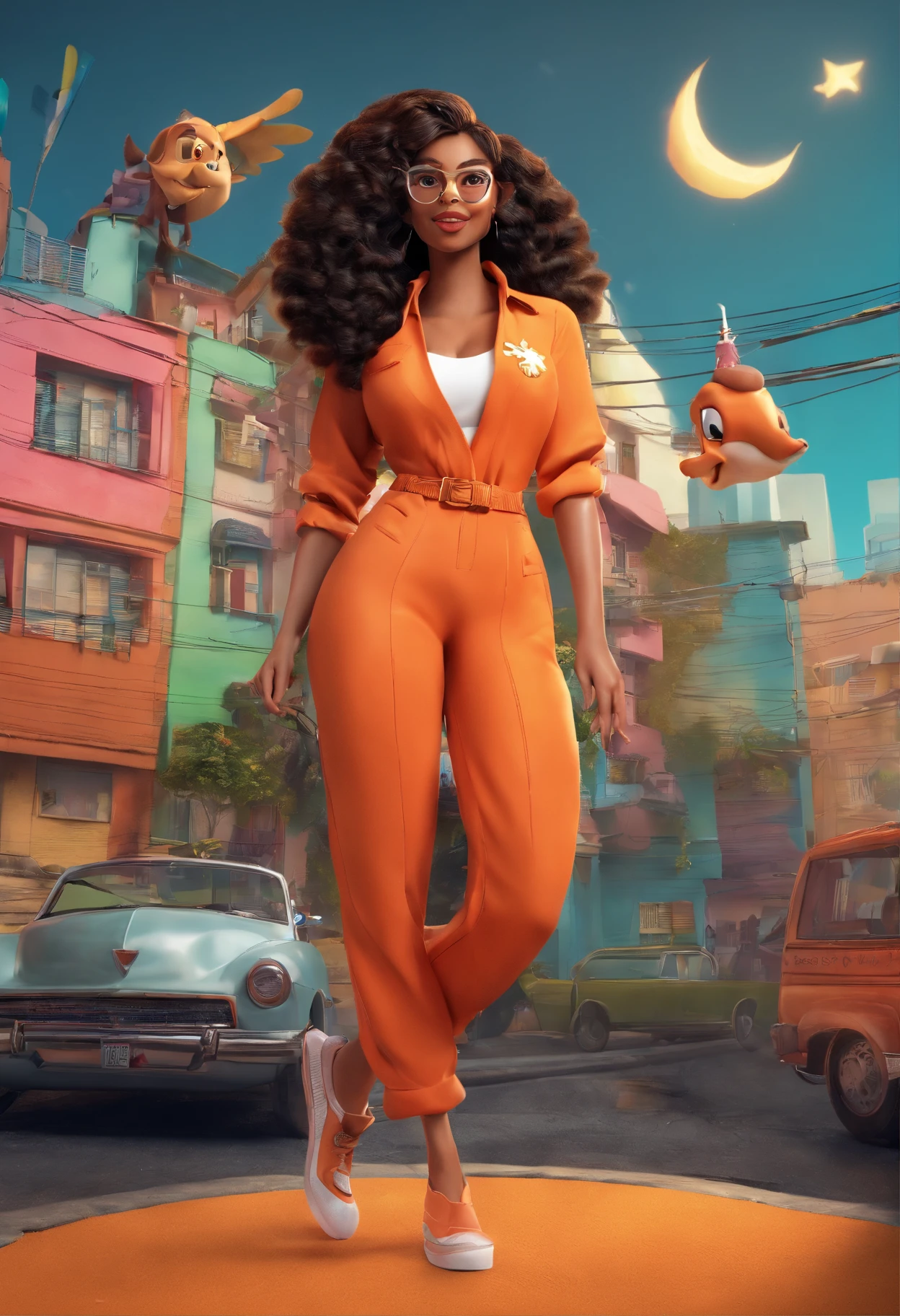 Cartaz de filme estilo pixa/Disney, em 3D, title
"Thunder!" And the Disney symbol. A white girl with black curly hair reaching her shoulders, his eyes are black, Her skin color is light, She wears prescription glasses, sorriso malicioso, She's got shock coming out of her hand, She's dressed in an orange jumpsuit. Behind it is a favela like in Brazil.