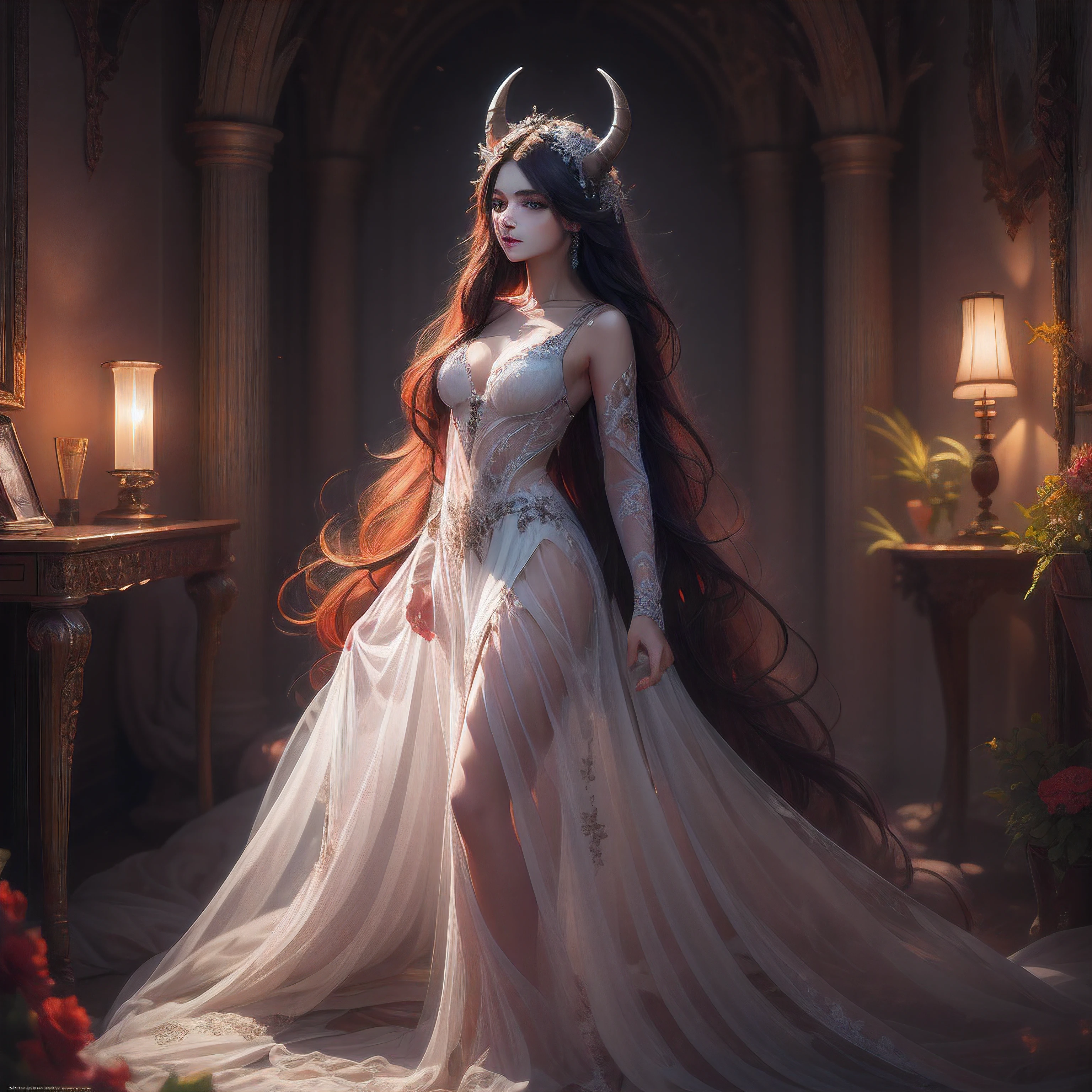 ((Masterpiece: 1.4, Best Quality))+,(Ultra Detail)+, Official Art, Unity 8k Wallpaper, Ultra Detailed, Beautiful, High Quality, Beautiful, Masterpiece, Best Quality, (Flat Chest), Full Body, Standing Painting, White Background, Red Straight Hair, Gloomy Eyes, Black Little Snake, White Theme, Red Jewelry, Studs, Black Lace Flats, Asymmetrical Skirt, Blood Stains on Skirt, Devil, Skeleton, Lots of Lace