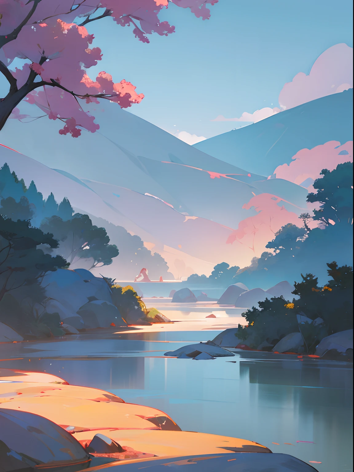(Chinese landscape),(Zen Buddhism),(autumnal,The tree,sweet osmanthus,Small rivers,mont,Clouds),Light abstract cover art,Gradient of color,Pastel color palette,Hierarchical form,The style is ethereal and abstract,4K