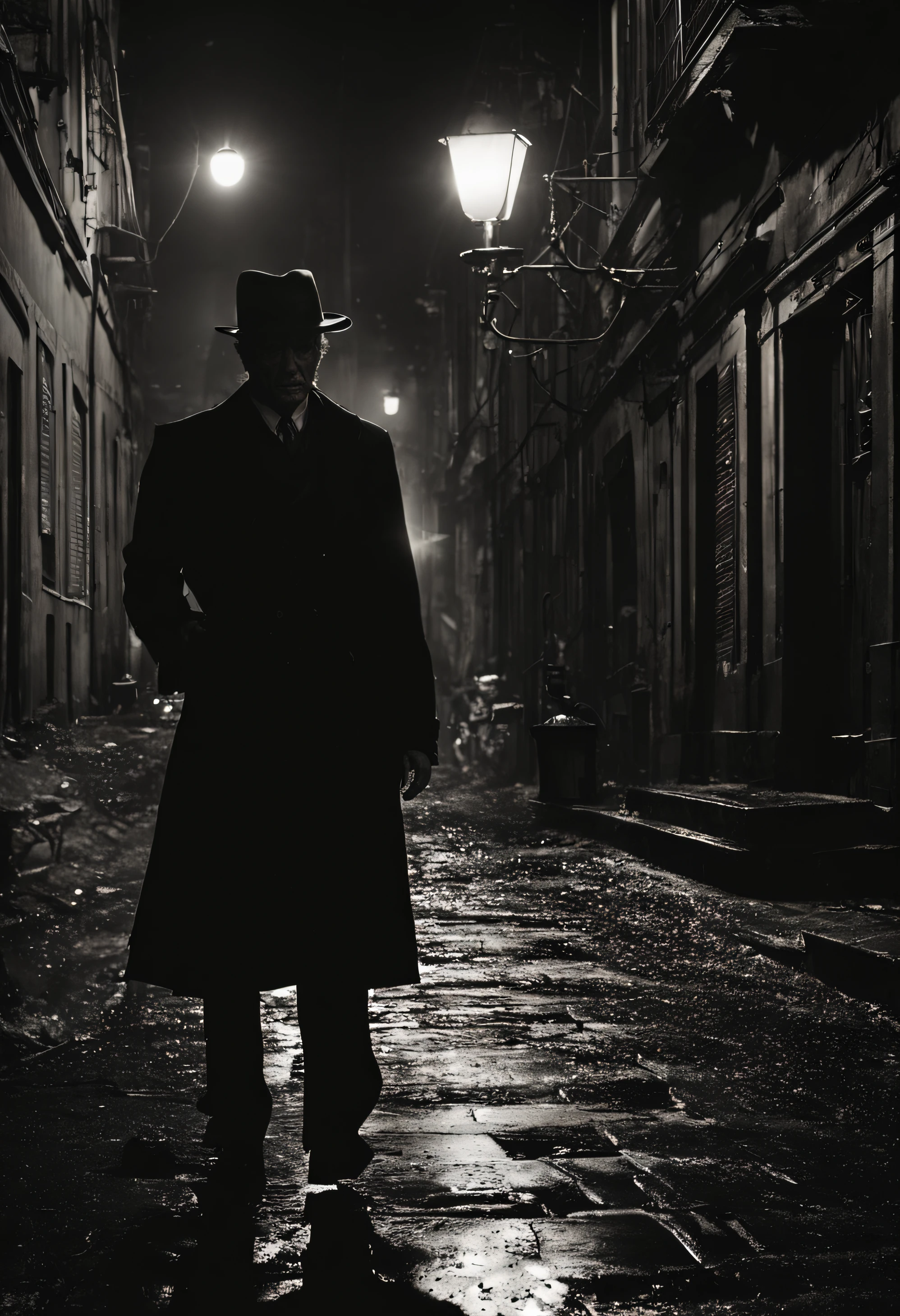 um detetive em uma noite chuvosa de Halloween, investigar um crime". O detetive, revestido com um trench coat, Walks the wet, dimly lit streets with purpose. A chuva cai, criando um ambiente assombroso enquanto reflete os postes de luz cintilantes. In one hand, o detetive segura uma lanterna, casting strange shadows on the surrounding buildings. A cena do crime aguarda, Shrouded in mystery and intrigue. The camera used for this capture is a vintage Canon EOS 6D, emparelhado com uma lente Canon EF 50mm. The photographer adjusts the exposure to capture the moody atmosphere, Emphasizing the Contrast Between Light and Dark. In this unlikely collaboration, a foto mesclaria a narrativa de Raymond Chandler, a cinematografia de David Fincher, os designs de moda de Alexander McQueen, e a fotografia de Diane Arbus, resulting in a captivating image that transports viewers into the atmospheric world of detective investigation, onde as linhas entre a realidade e o sobrenatural se confundem nesta estranha noite de Halloween. —c 10 —ar 2:3
