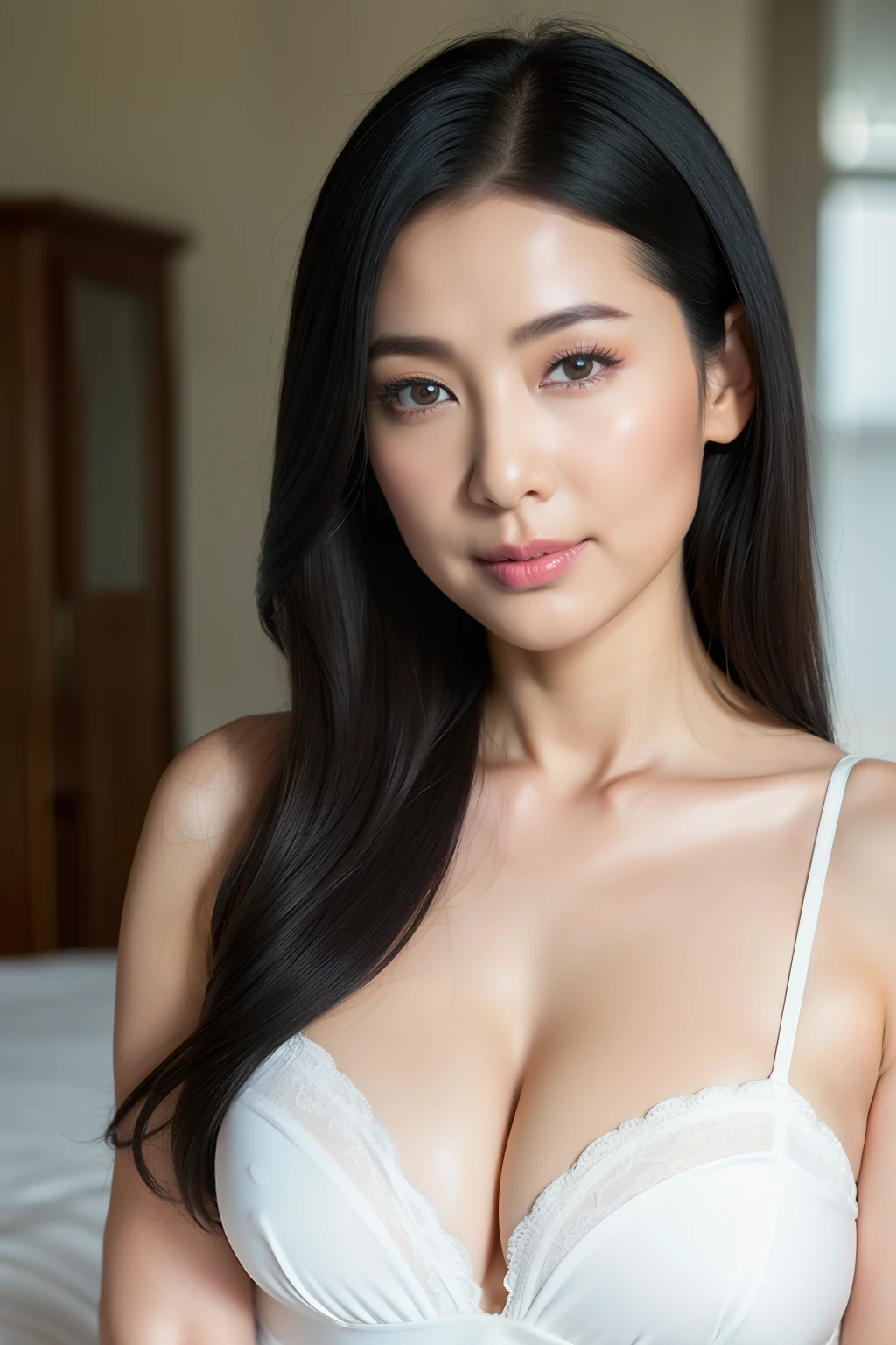 ​masterpiece、8K、hight resolution、独奏、extra detailed face、1 woman、wonderful、45 yers old、looking at viewert、White lingerie、Lingerie is sheer、Very big big、cleavage、white panty hose、a picture、realisticlying、top-quality、A detailed face、diffuse lighting、Black eye、Semi-long with black hair、Hair fluttering in the wind、facing the front there、(See the viewer's eyes), ((Sweaty body:1)), (Realistic, Photorealistic:1.4), lyin in bed, nudde、Glossy look、Sorrow