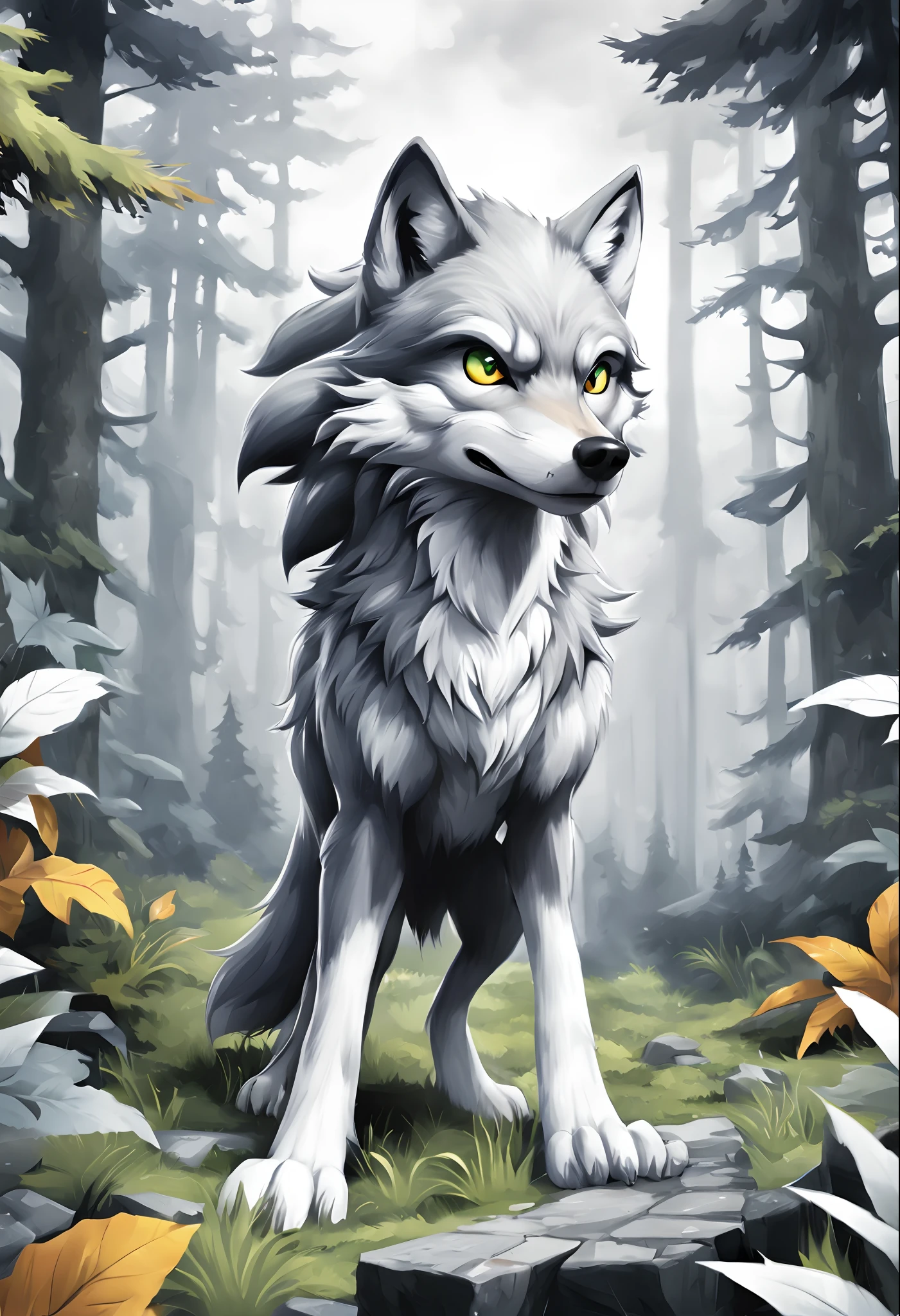 traditional media, color lead, wolf, gray and white sonic video game background