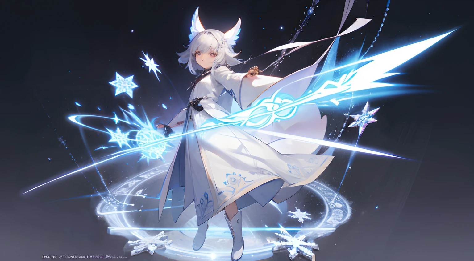 Top image quality、ultra-definition、Detailed facial、Ultra-fine eyes、illustratio、CharacterDesignSheet、full body Esbian、s girl、cabelos preto e longos、gray-white eyes、White robe with snowflake motif、Holding a large magic wand with a snowflake motif、Wearing white boots、A white chain extends from the magic circle behind、magia、white plain background